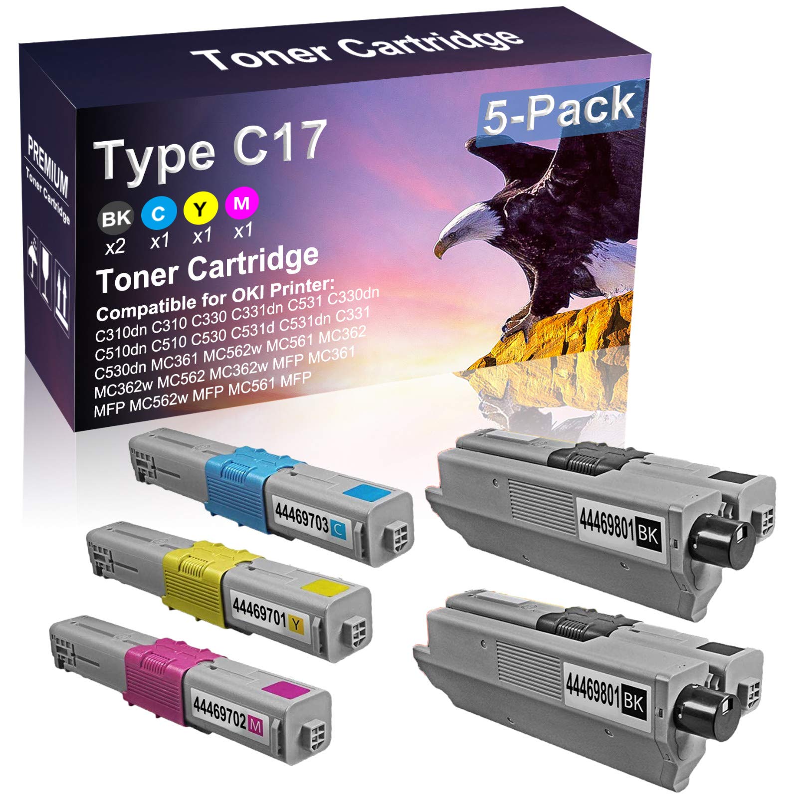 5-Pack (BK+C+Y+M) Compatible OKI C17 Laser Toner Cartridge Replacement for 44469801, 44469703, 44469701, 44469702 | Works with OKI C510, C530, C531d, C531dn, C331, C530dn Printers | Ideal for Office Printing, Home Office & Small Business Use