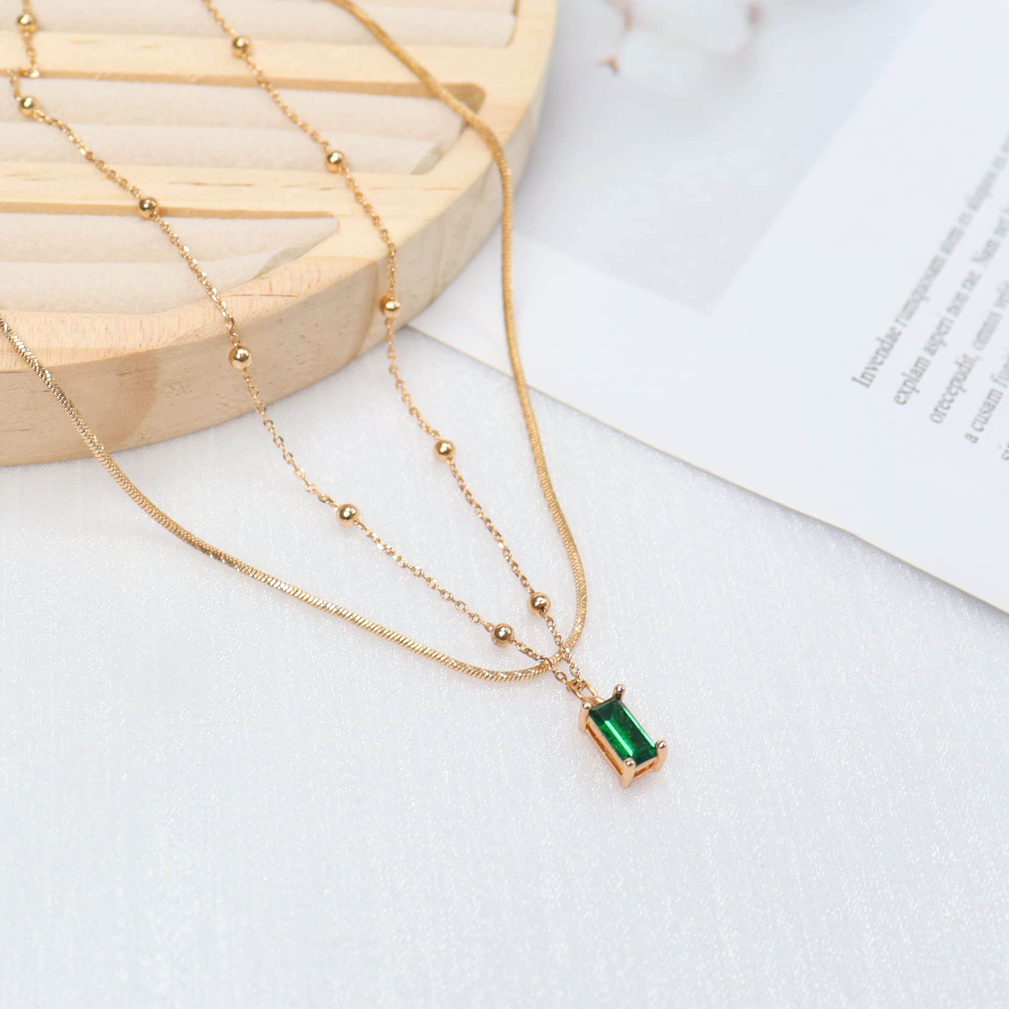 14K Gold Plated Emerald Rectangle Pendant Necklace for Women - Dark Green Layered Choker Jewelry, Perfect for Christmas Gifts, Date Nights & Layering Outfits