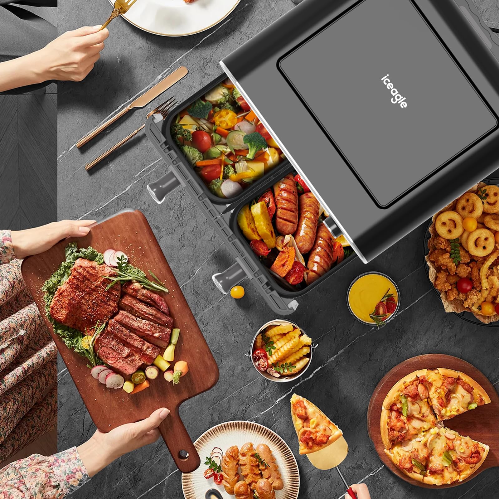 XXL 11L Dual Zone Air Fryer by Iceagle – 6-in-1 Large Capacity Air Fryer with Double Drawer, Touch Screen, 1700W | Healthy Cooking for Family, Fries, Chicken, Vegetables | Perfect for Large Families & Entertaining