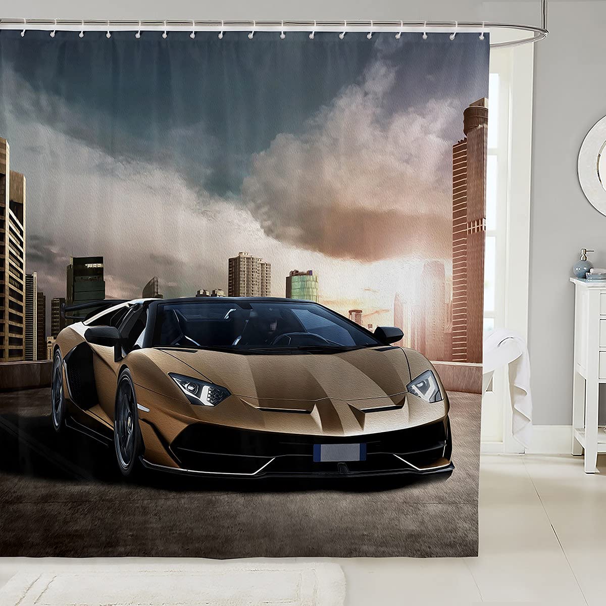 Feelyou Waterproof Race Car Shower Curtain - Sports Car Design for Kids Boys Girls Bathroom Decor, Galaxy Speed Racing Theme with Hooks - Perfect for Kids' Bathrooms, Themed Bedrooms & Playrooms