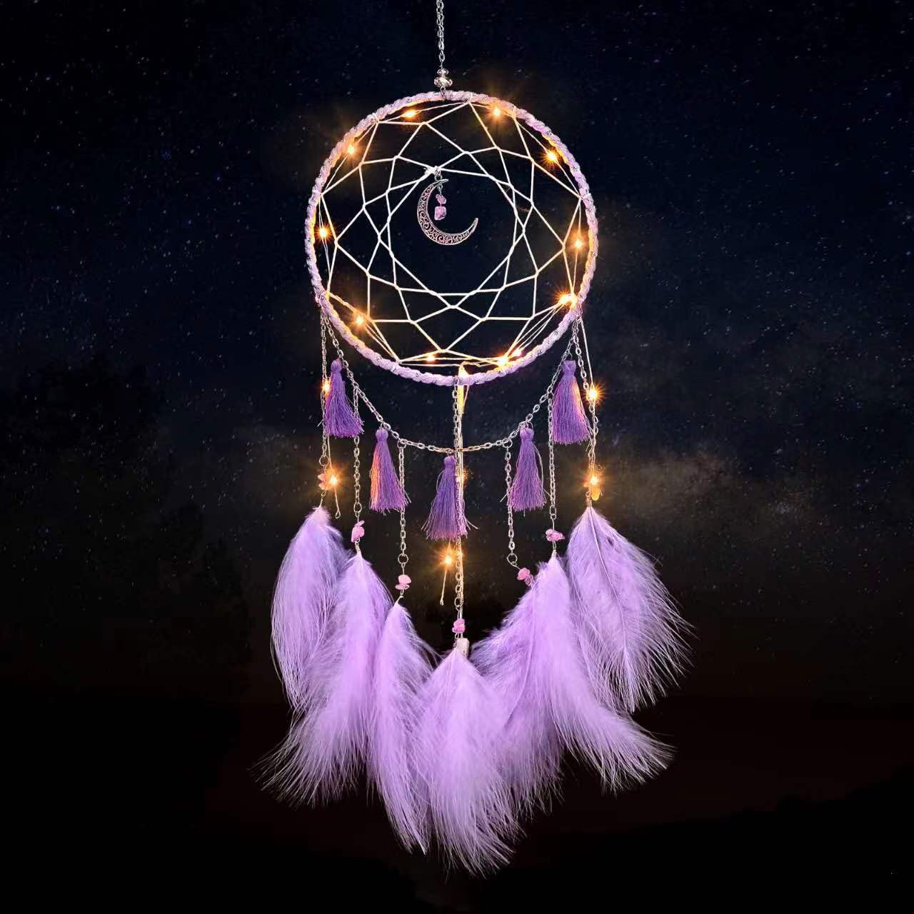 Handmade LED Dream Catcher with Feathers - Purple Moon Light Up Wall Hanging for Bedroom Decor, Creative Night Light Gift for Adults, Girls & Boys | Perfect for Nursery, Dorm Room & Meditation Space