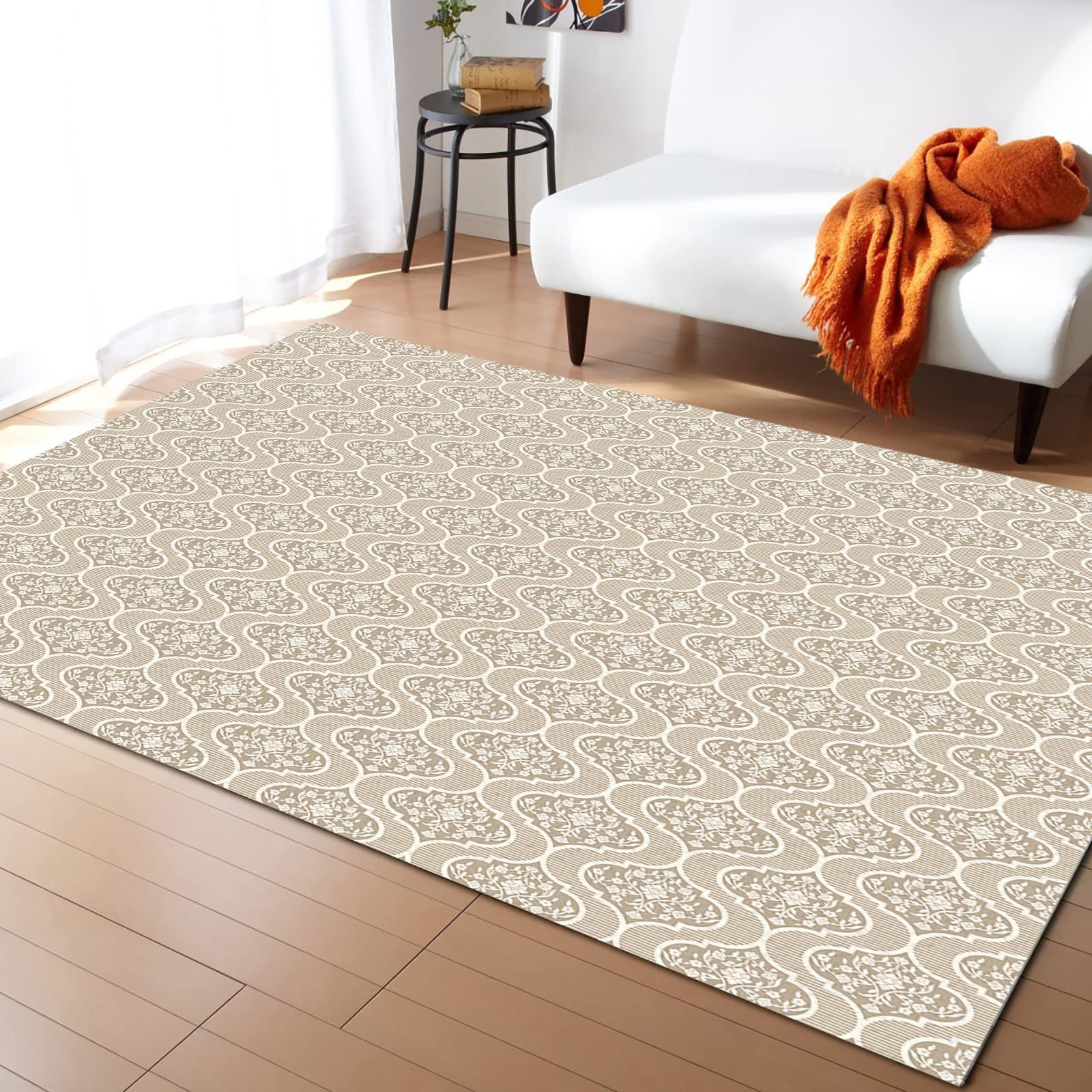 4'x6' Non-Shedding Boho Moroccan Tile Print Area Rug - Brown Abstract Lattice Design for Living Room, Bedroom, Kitchen & Bathroom Decor | Indoor Outdoor Home Carpet Runner