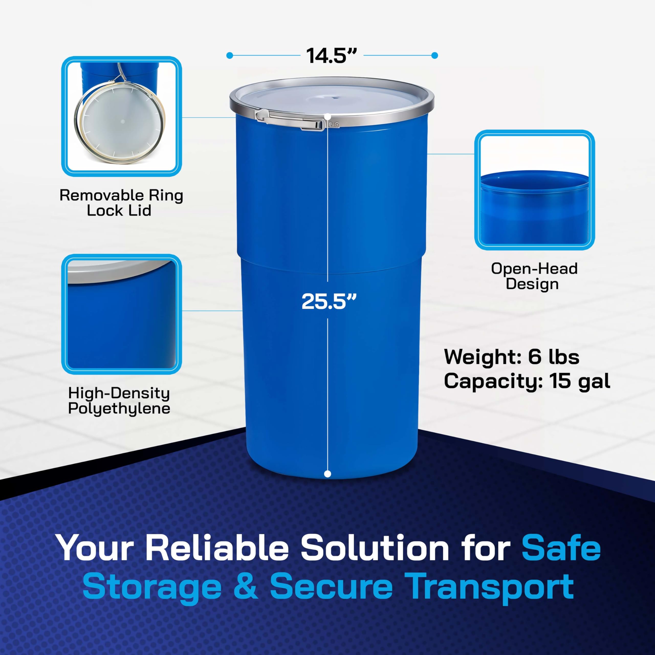 15 Gallon Open-Head UN Rated Plastic Drum with Ring Lock Lid - Lightweight, Durable Storage Container for Chemicals, Food & Industrial Use - Perfect for Home, Warehouse & Workshop Organization