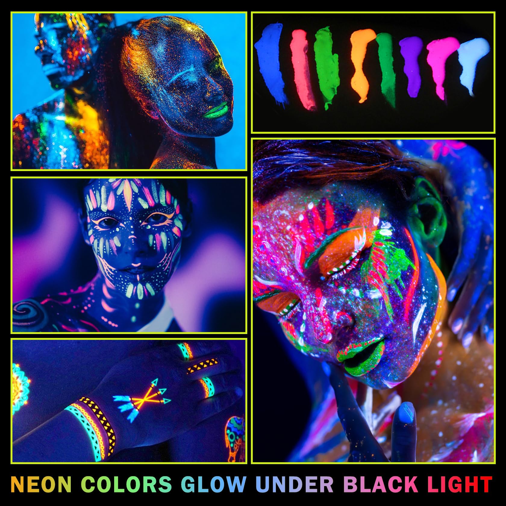 Glow in the Dark Face Paint & Body Paint Set - 8 Neon Colors for UV Blacklight, Halloween & Festival Makeup - Safe for Kids & Adults - Perfect for Parties, Raves & Costume Events