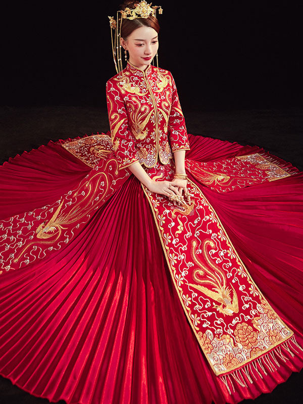 Exquisite Traditional Chinese Wedding Qun Kwa - Hand-Embroidered Dragon & Phoenix Bridal Dress for Tea Ceremony & Reception | Asian Bridal Gown for Cultural Weddings