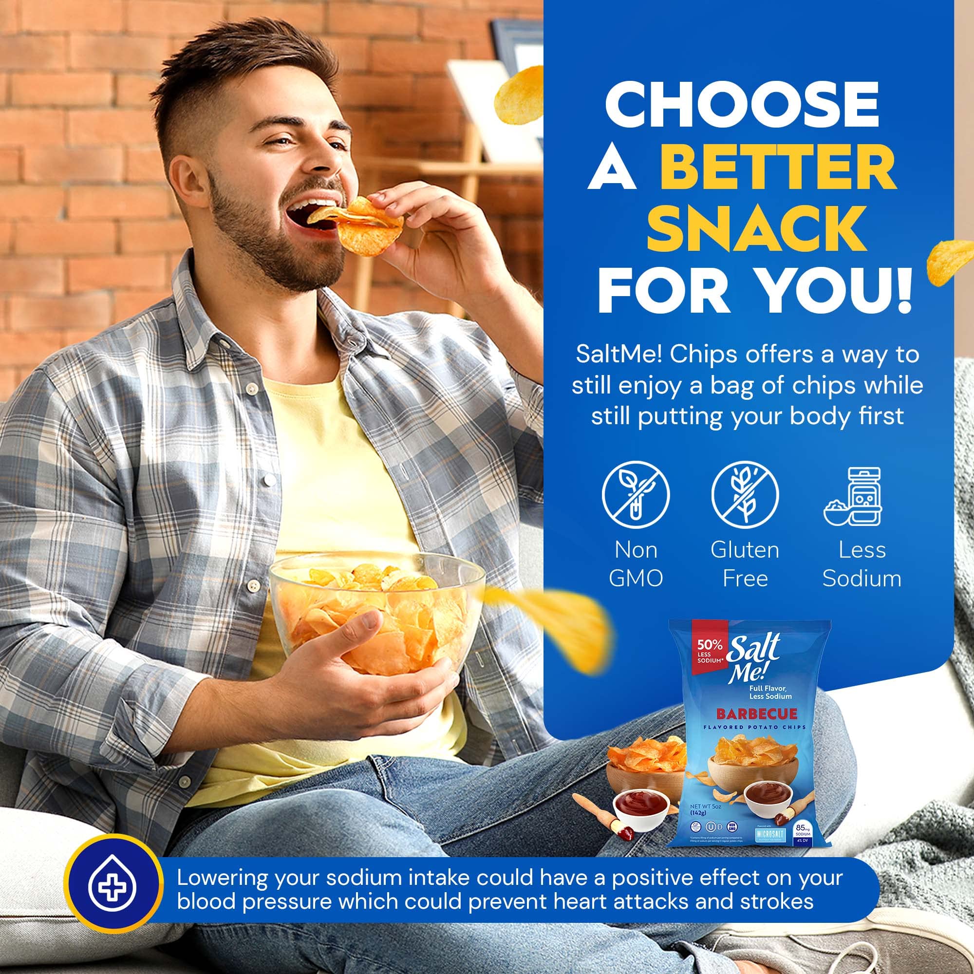 SaltMe! Low Sodium Potato Chips Variety Pack - 50% Less Salt, Non-GMO, Kosher Certified (Original, BBQ, Sour Cream & Onion, Cheddar) - 5oz Bags, Pack of 6 - Healthy Snacks for Parties, School Lunches & Keto Diet