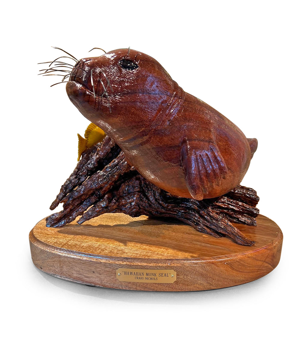 Handcrafted Koa Wood Sculpture - Hawaiian Monk Seal & Yellow Tang by Craig Nichols | Unique Hawaiian Art, Home Decor, Gift for Nature Lovers