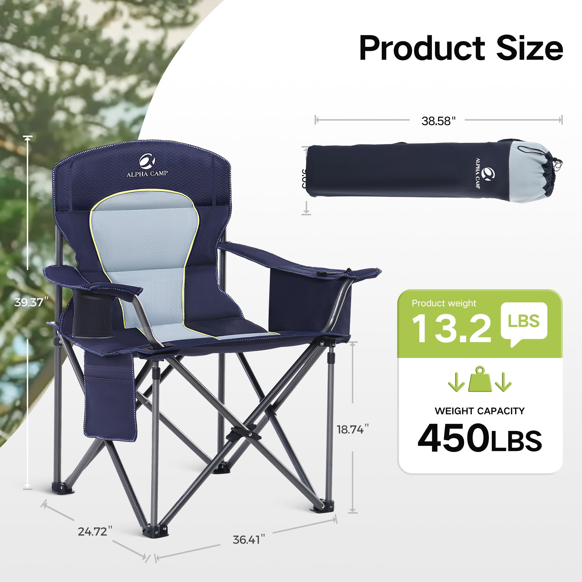 GREEN PARTY Heavy Duty Folding Camping Chair with Cooler Bag - Oversized Padded Outdoor Armchair with Cup Holder & Storage Pocket - Portable Collapsible Lawn Chair for Backyard, Beach, Picnic & Tailgating