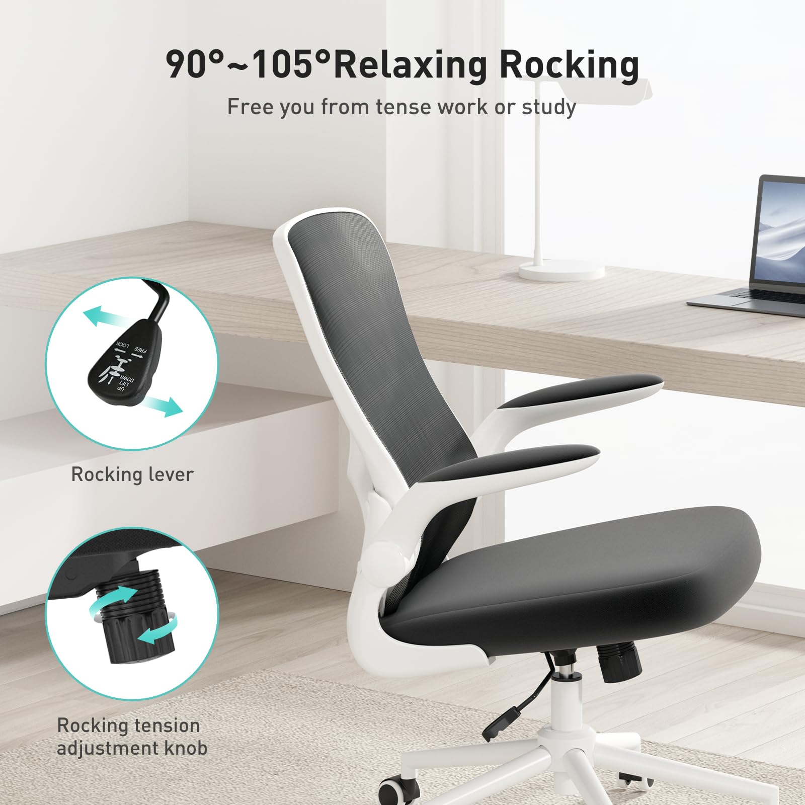 Hbada Ergonomic Office Chair - Adjustable Lumbar Support Mesh Computer Desk Chair with PU Silent Wheels, Flip-Up Armrests & Tilt Function - White | Perfect for Home Office, Gaming & Workspace