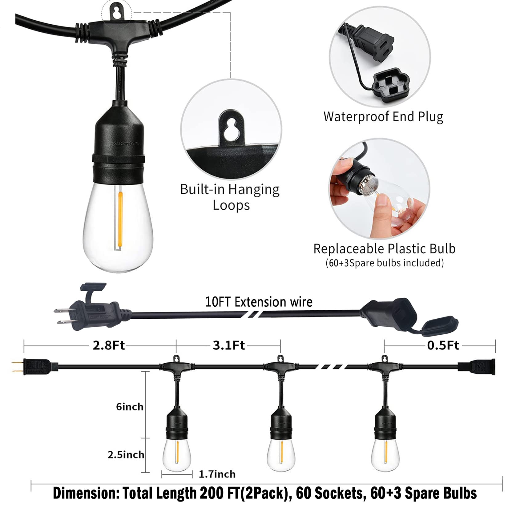 200FT Outdoor LED String Lights - Waterproof Shatterproof Edison Bulbs, 63 Warm White 2200K Lights for Patio, Garden, Gazebo, Pergola & Café | Perfect for Backyard Parties, Weddings & Restaurant Decor