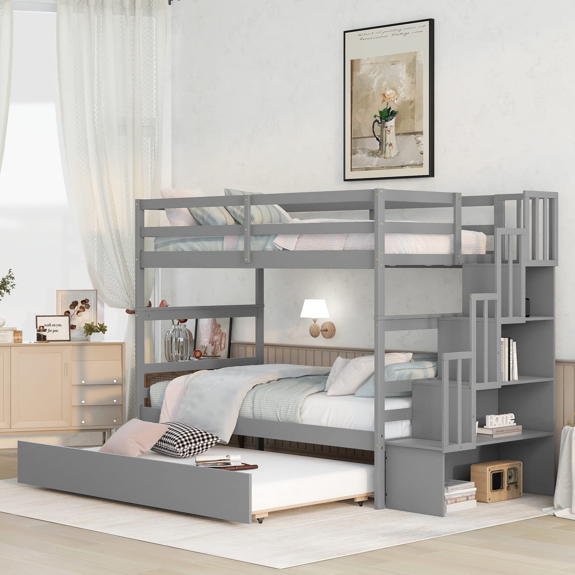 Harper & Bright Designs Twin Over Twin Stairway Bunk Bed with Trundle & Storage Shelves - Detachable Wood Bunk Beds for Kids, Teens, Boys & Girls - Space-Saving Grey Bedroom Furniture for Small Rooms, Guest Rooms & Kids' Shared Bedrooms