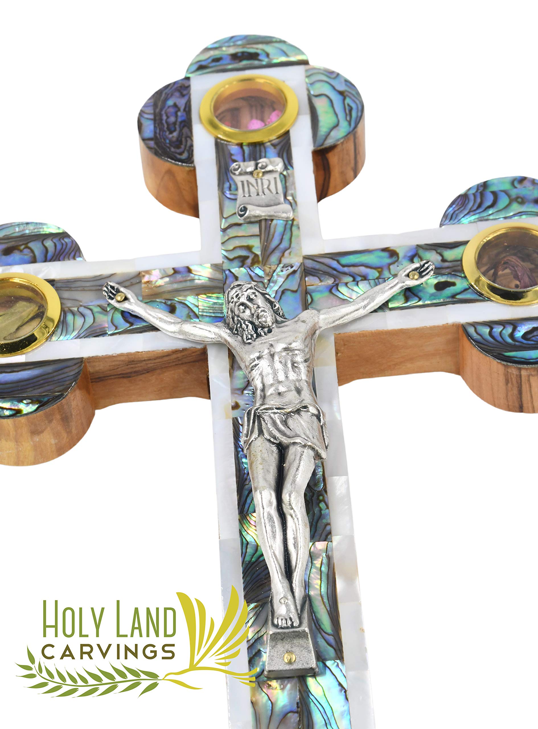 11 Inch Olive Wood Cross Wall Crucifix with Mother of Pearl Inlay - Handcrafted in The Holy Land - Includes 4 Glass Vials with Holy Relics, Incense, Flowers, Stones & Olive Leaf - Unique Easter Gift for Home Decor & Religious Devotion (11x7 Inches)