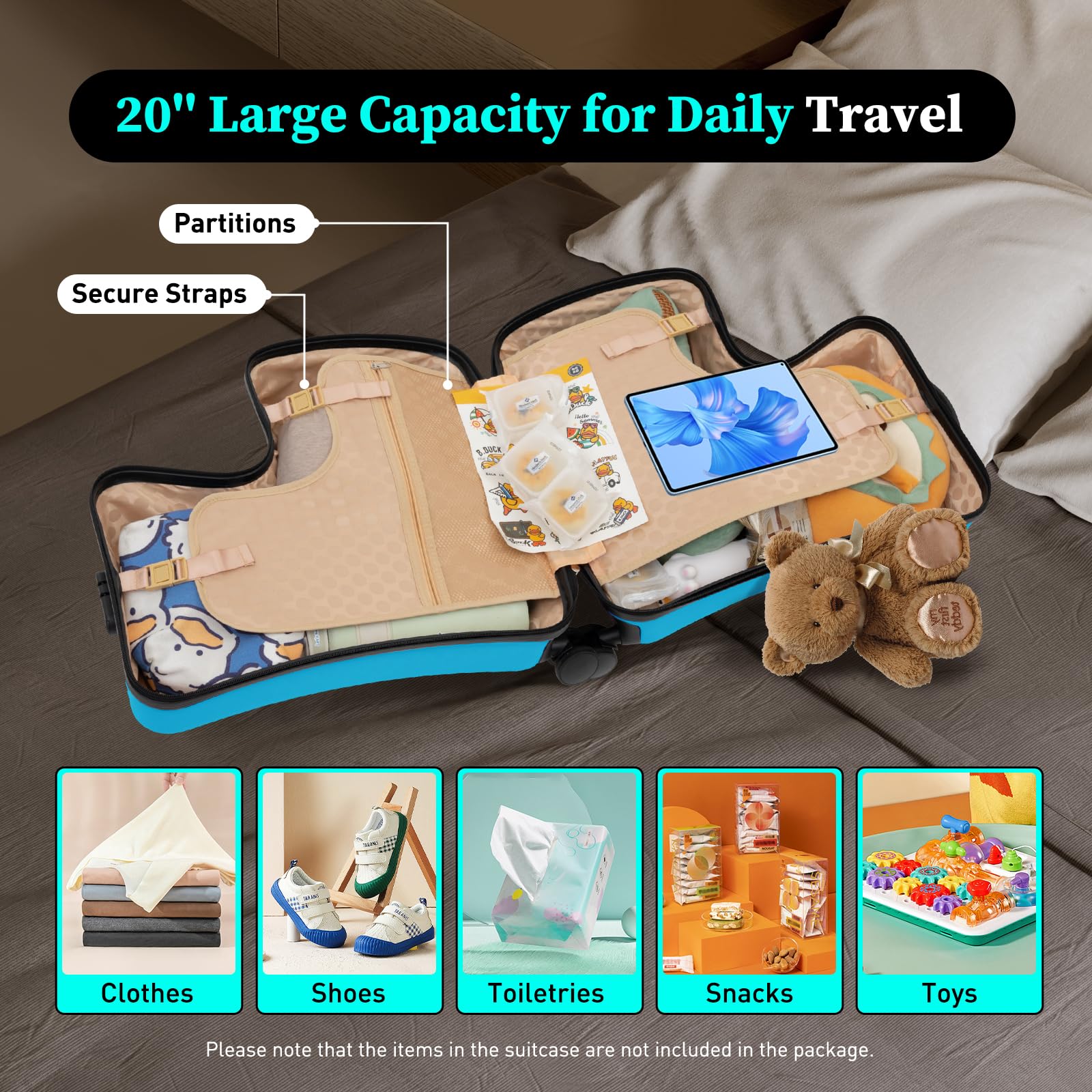 **DNYSYSJ 20 Inch Kids Carry-On Suitcase with Ride-On Feature & Safety Belt - Lightweight Travel Luggage for Toddlers & Children, Perfect for Airplane Trips & Family Vacations (Blue-20)**