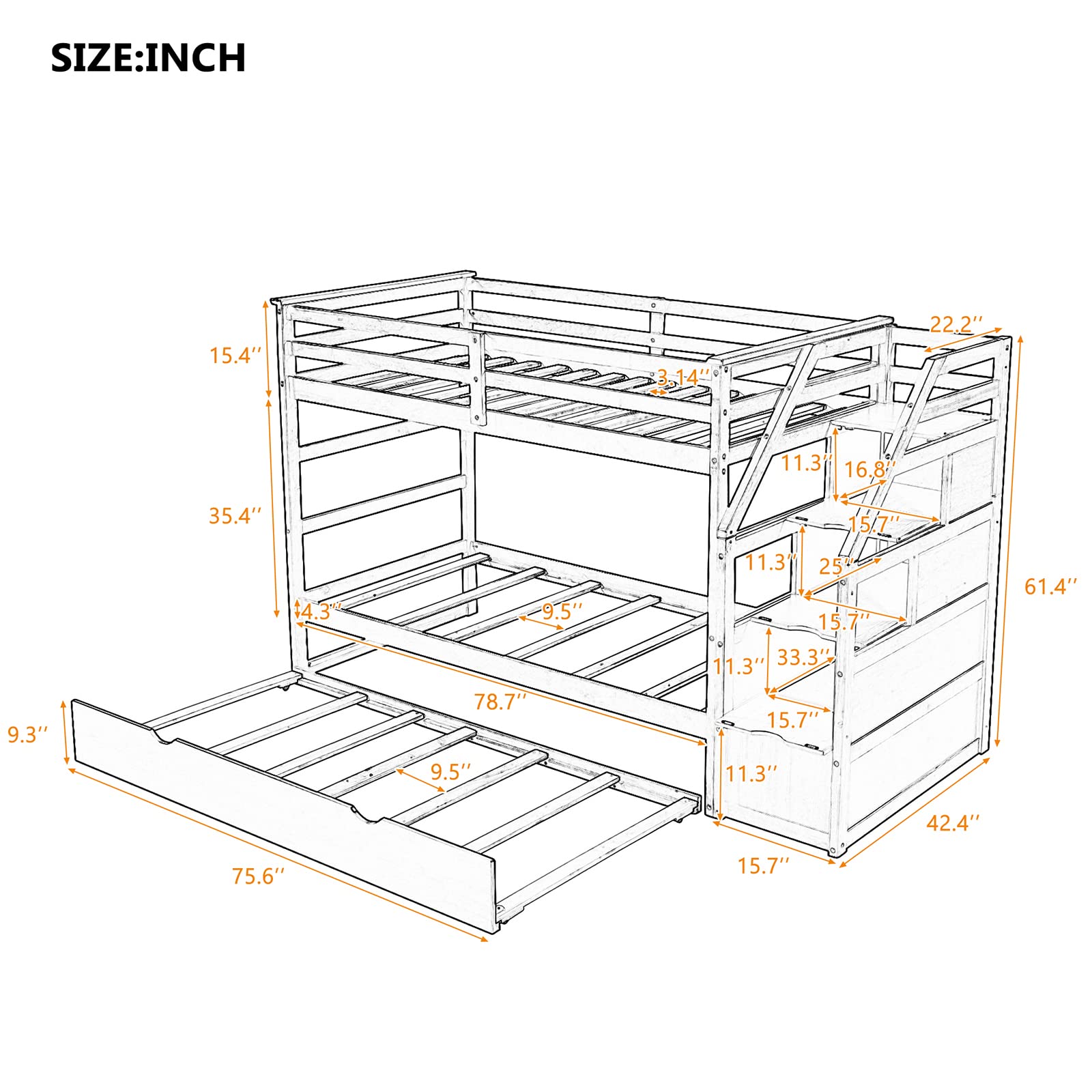 Premium Twin Over Twin Bunk Bed Frame with Trundle & Storage Stairs - Solid Wood Construction, Slat Support & Safety Guard Rail - No Box Spring Needed - Easy Assembly - Walnut Finish - Perfect for Kids' Bedrooms, Guest Rooms & Space-Saving Solutions