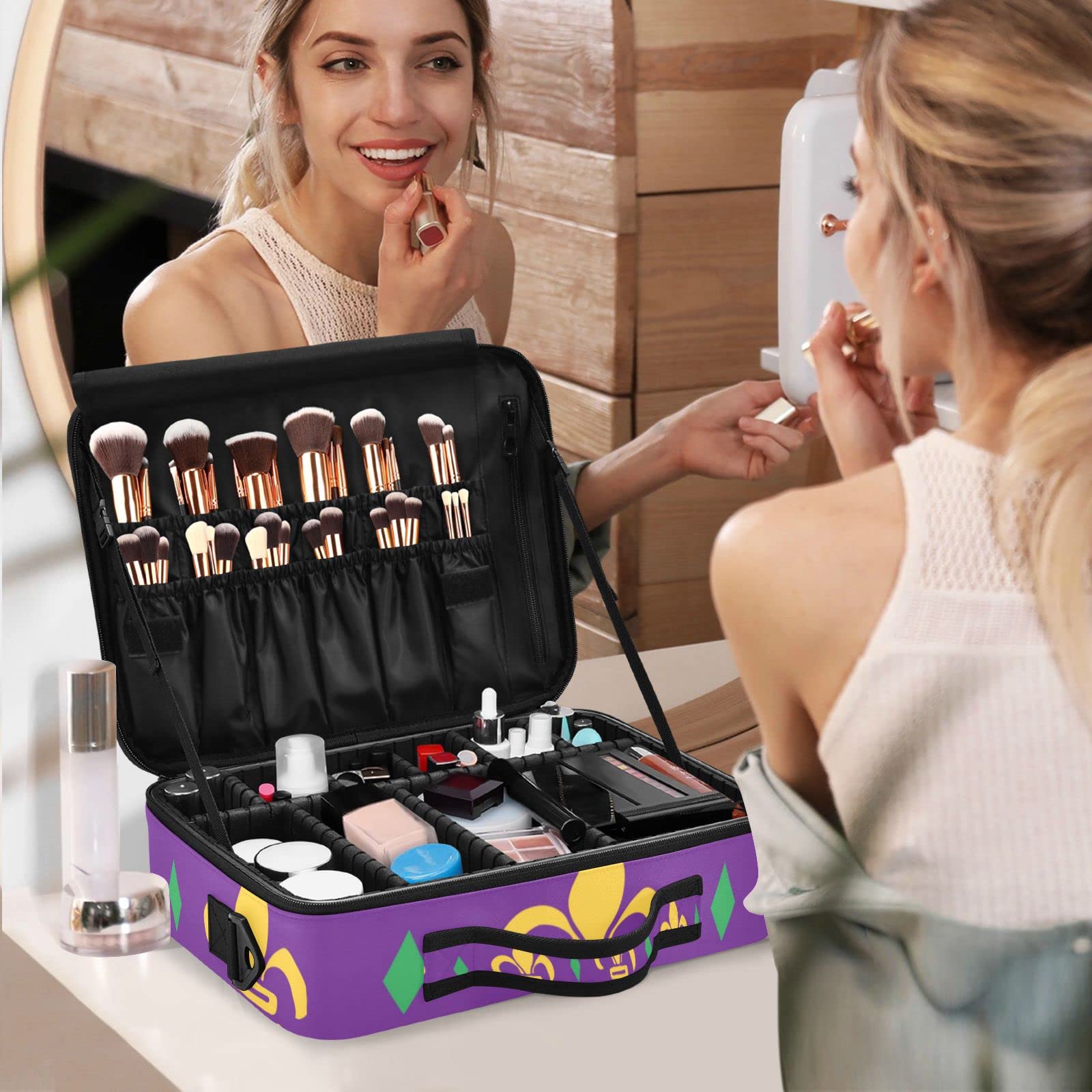 Premium Scottish Highland Cow Makeup Cosmetic Organizer Bag with Adjustable Dividers - Large Toiletry Case for Travel & Storage (Mardi Gras Purple Pattern) - Perfect for Travel, Home Organization & Gift Giving