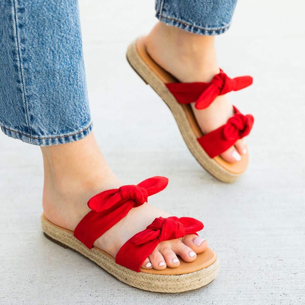 Women's Flat Slide Sandals with Cork Sole & Cute Knot Bow - Comfortable Canvas Summer Sandals for Beach, Pool, and Casual Outings