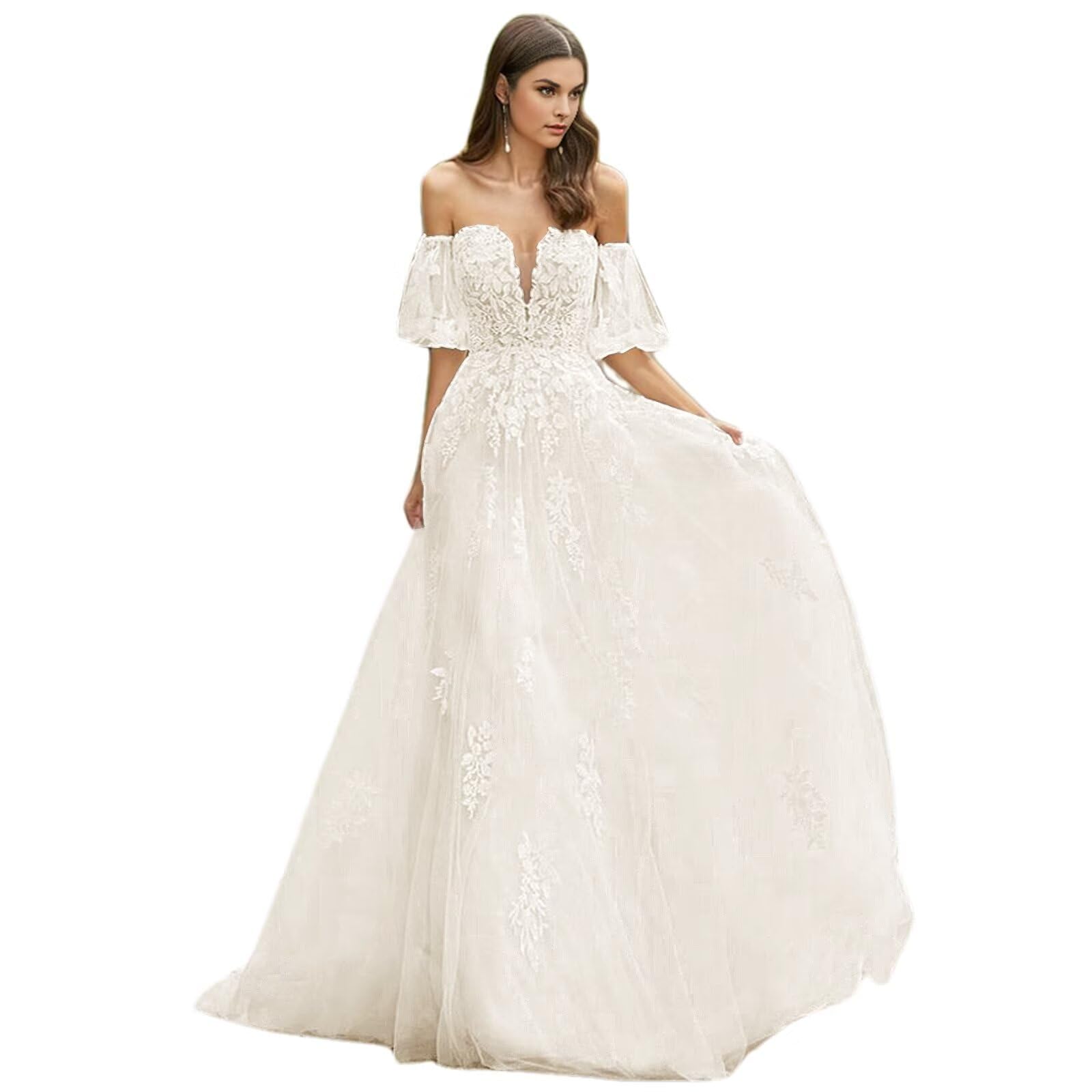 Elegant Lace Wedding Dress with Short Puff Sleeves & Sweetheart Neckline - Tulle Bridal Gown for Women | Perfect for Beach Weddings, Garden Ceremonies & Romantic Vow Renewals