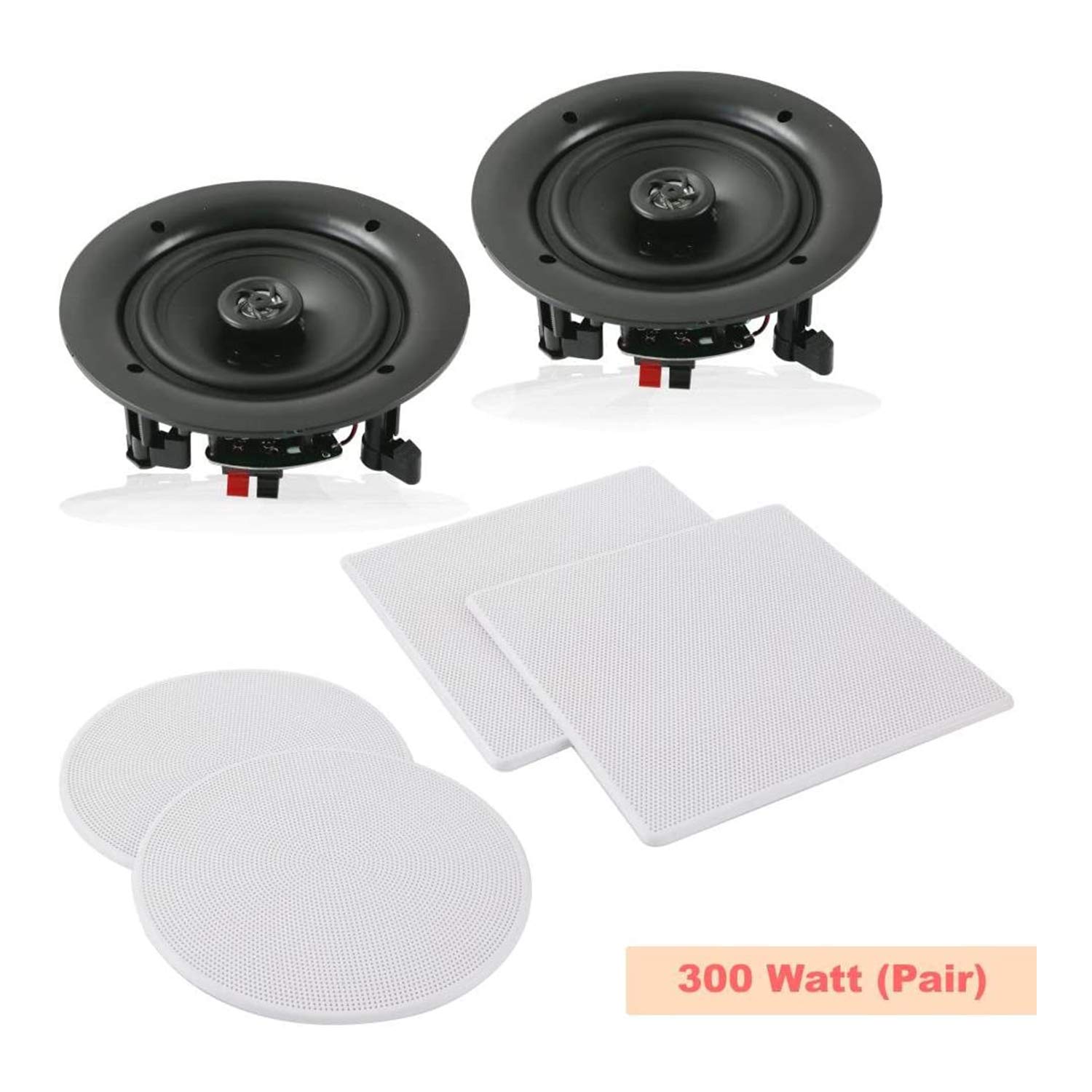 Pyle PDIC1661 10 Inch 300 Watt In-Ceiling Wall Speakers - 2 Way Flush Mount Home Indoor Stereo Speaker System (2 Pack) with Changeable Round & Square Grills, White - Perfect for Home Theater, Living Room & Background Music