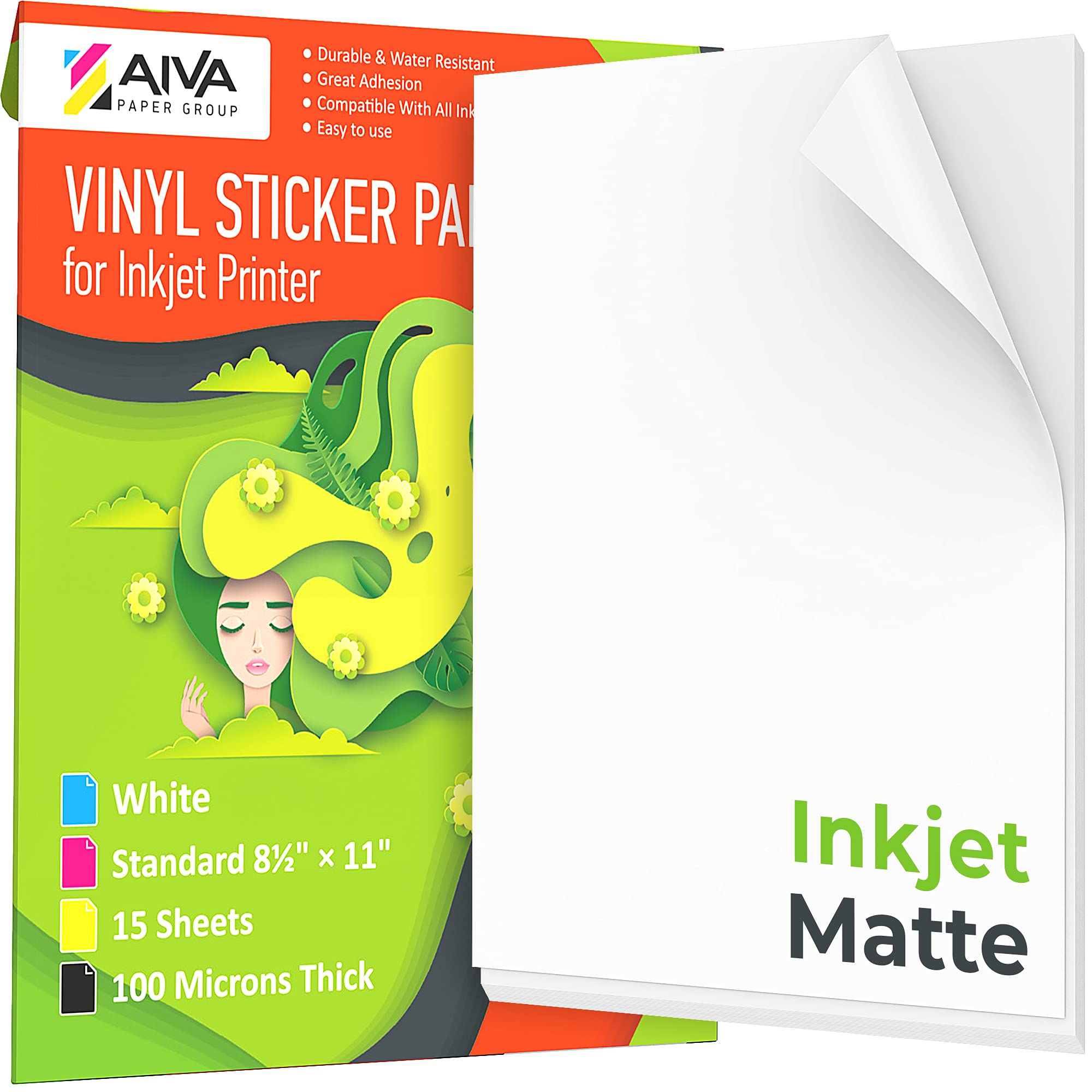 Waterproof Printable Vinyl Sticker Paper for Inkjet Printers - Matte White Self-Adhesive Sheets (15 Pack, 8.5