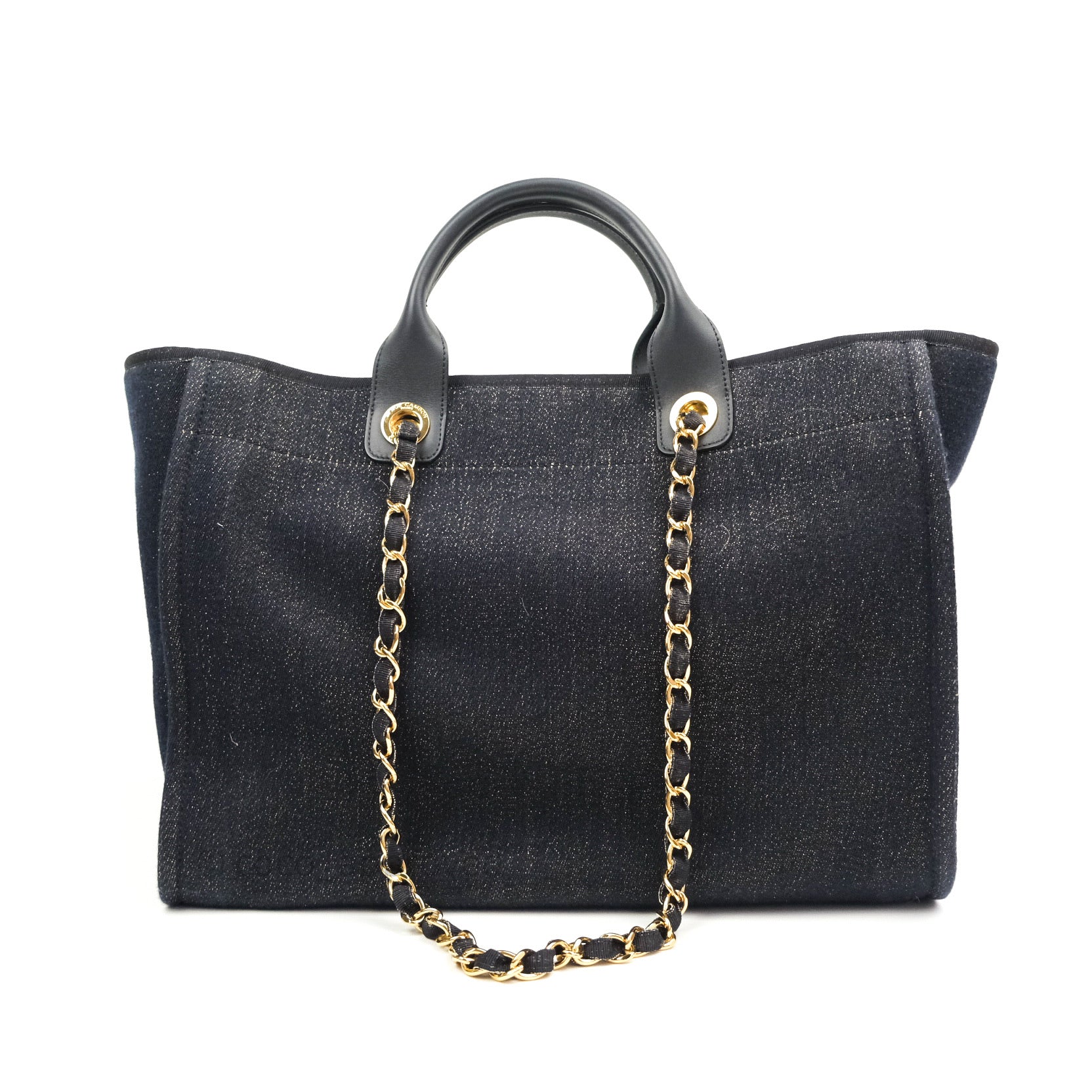 Chanel Canvas Large Deauville Tote Bag in Navy with Glittery Gold Logo - Luxury Designer Handbag for Women, Perfect for Travel, Work and Everyday Use