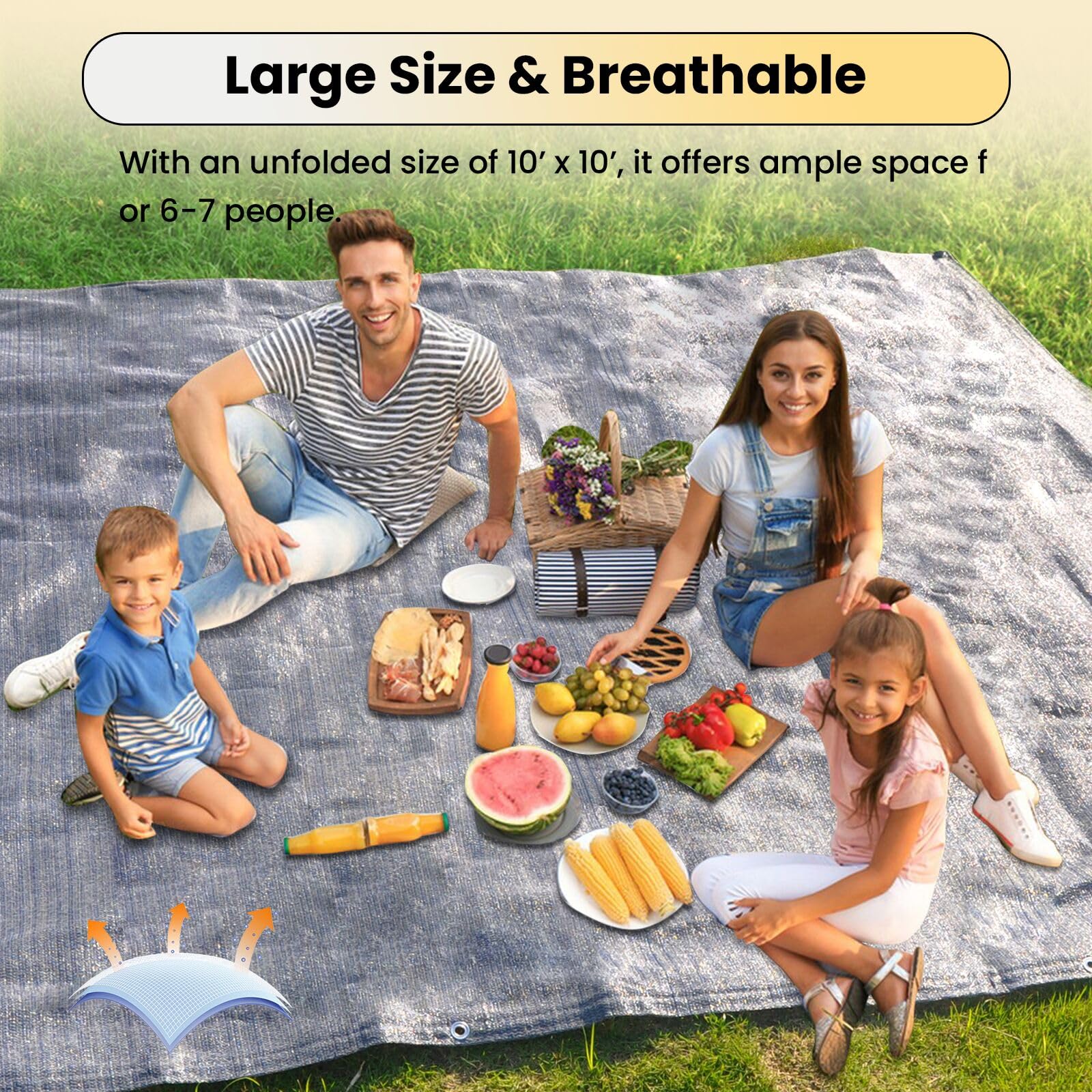 WILDROOTS 6x6Ft Waterproof Camping Tent Tarp - Breathable Picnic Blanket & Durable Floor Mat for Outdoor Adventures, Hiking, and Beach Trips