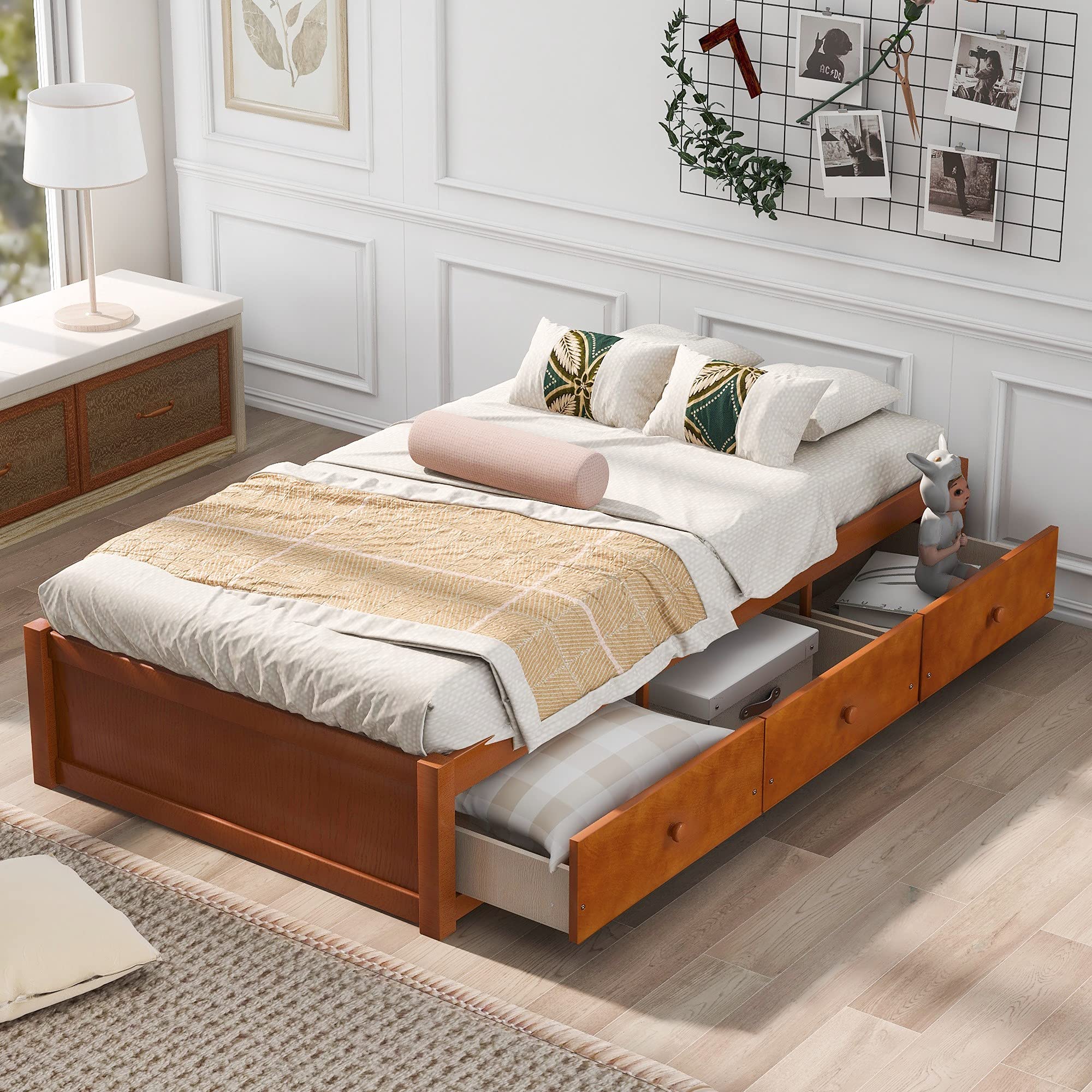 Harper & Bright Designs Twin Size Platform Storage Bed with 3 Drawers - Solid Wood Bed Frame, No Box Spring Needed, Oak Finish - Perfect for Kids Rooms, Guest Bedrooms & Small Spaces