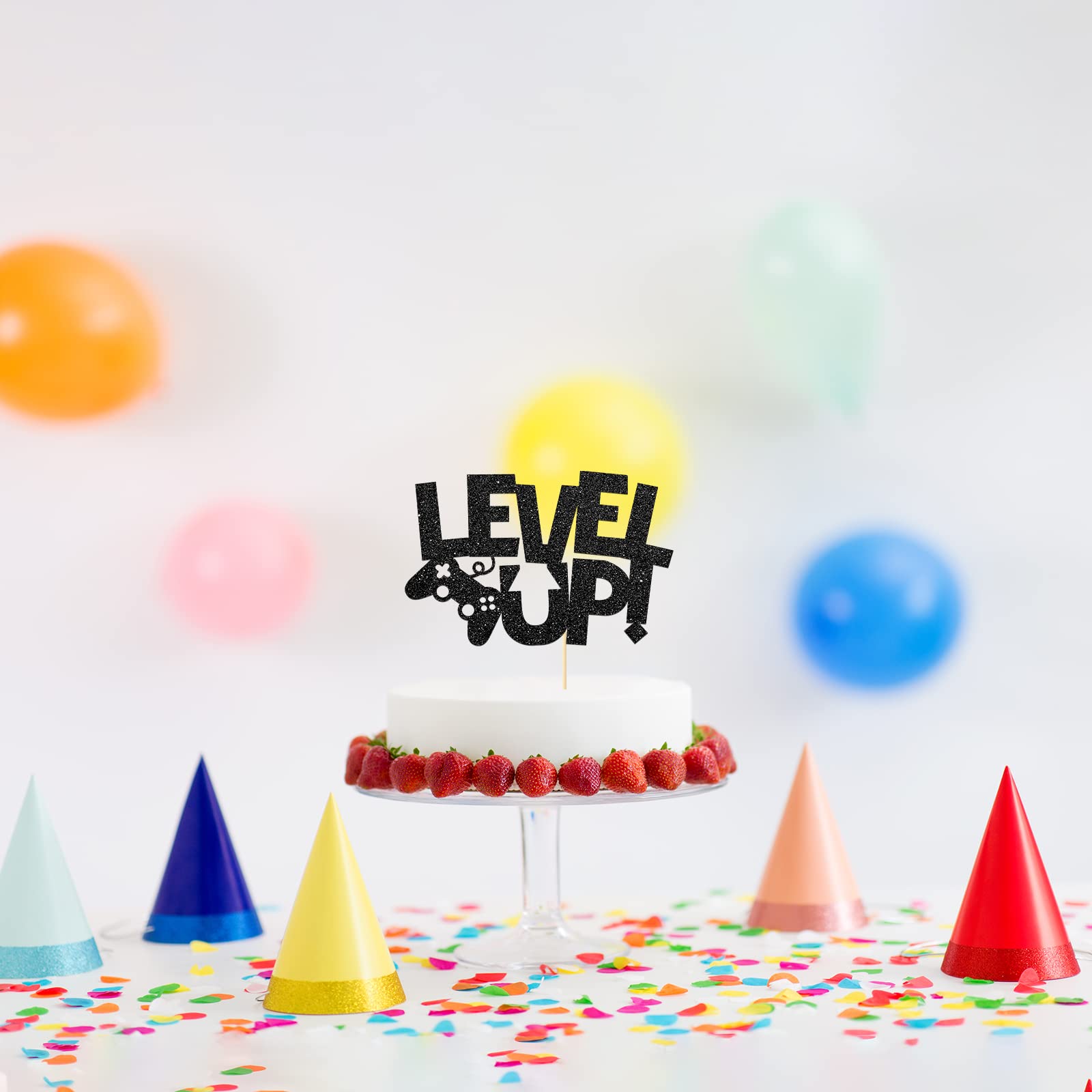 Level Up Video Game Cake Topper - Black Glitter Birthday Party Decorations for Kids | Perfect for Gaming Theme Birthday Parties, Cake Decorations & Party Favors