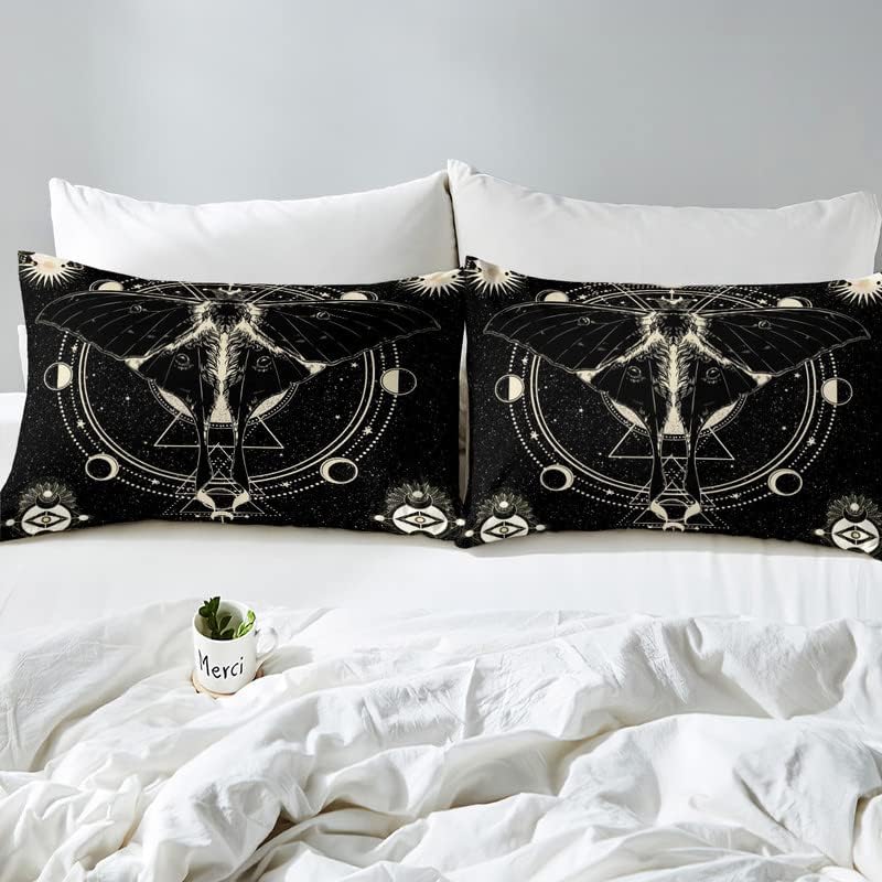 Castle Fairy Death Moth Queen Size Bedding Set - Stars & Moon Phase Space Themed Duvet Cover with 2 Pillowcases | Soft Microfiber Comforter Cover for Kids' Bedroom Decor | Perfect Gift for Fantasy & Gothic Aesthetic Lovers