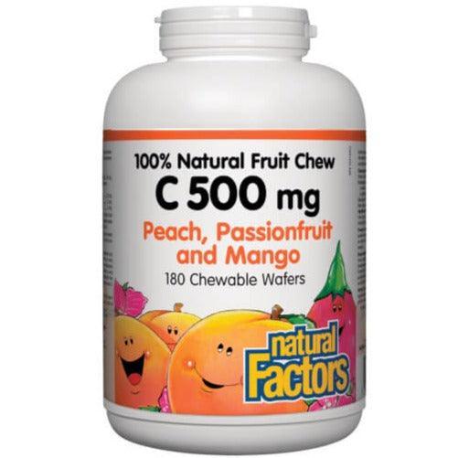 Natural Factors Kids Vitamin C 500mg Chewable Wafers - Peach, Passionfruit & Mango Flavor - 180 Count - Immune Support for Children - Perfect for School, Travel & Daily Health