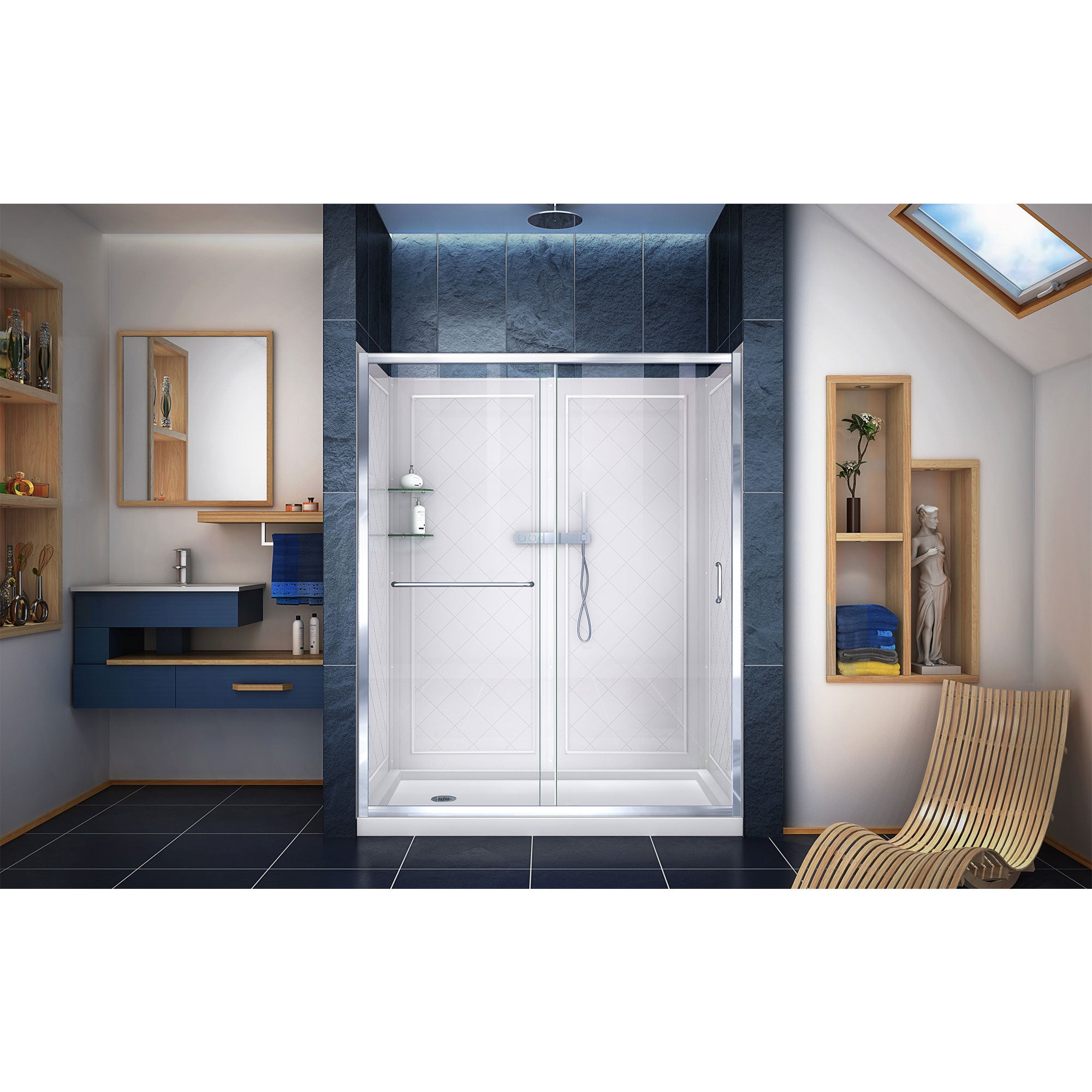 DreamLine Infinity Z 32x60x76.75 Inch Semi-Frameless Sliding Shower Door with Clear Glass - Includes Shower Base & QWALL 5 Backwall Kit - Perfect for Modern Bathroom Renovations and Spa-Like Shower Experiences