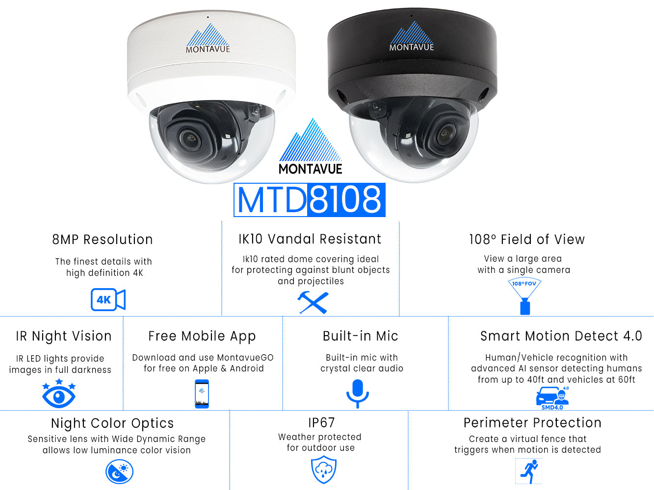 MTD8108 X Package - 8MP 4K SMD 4.0 Dome Security Camera System with 8 Channel NVR & 2TB HDD - Ideal for Home, Business, and Office Surveillance (Indoor/Outdoor Use)