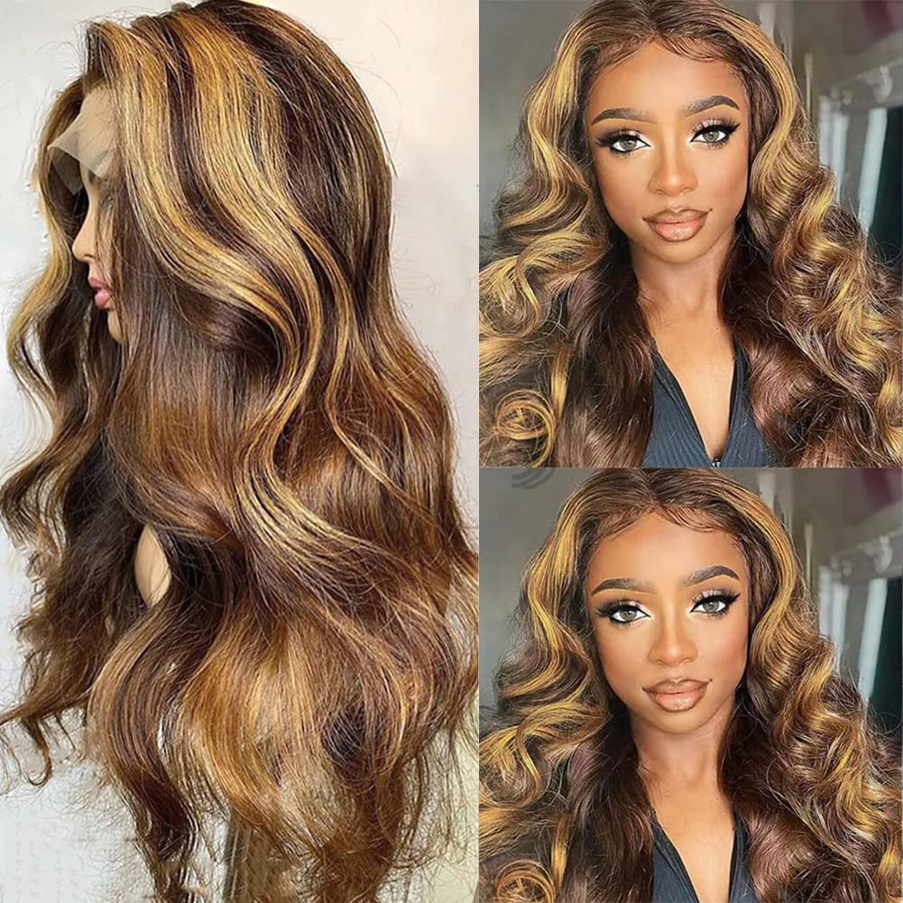 Human Hair Wigs for Black Women - 24 Inch Glueless Body Wave Ombre Highlight Lace Front Wig with Baby Hair & 150% Density (4x4 Lace, Pre-Plucked) | Perfect for Daily Wear, Parties & Special Occasions