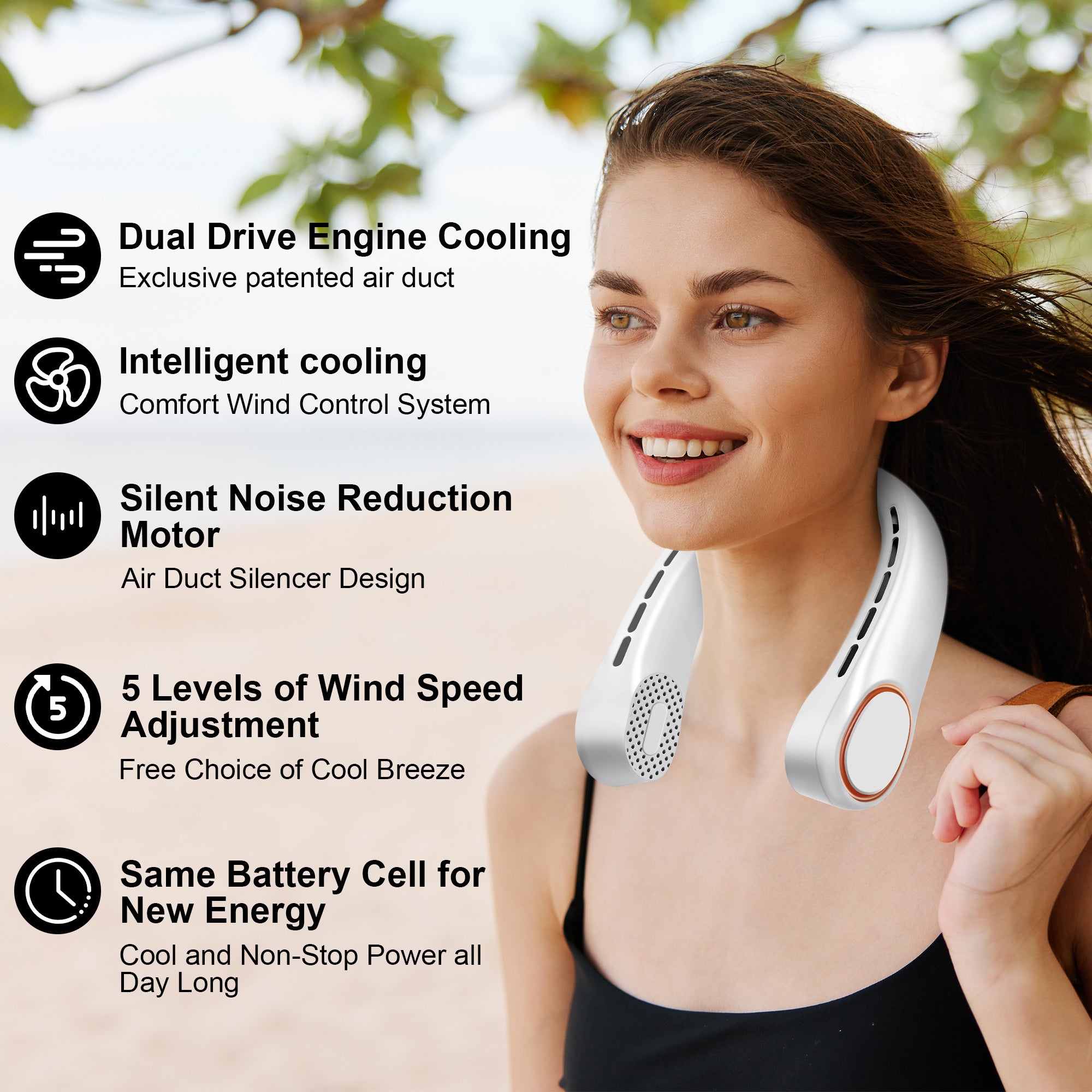 Rechargeable 360° Cooling Neck Fan with 3 Speed Settings - Portable Bladeless Personal Fan for Office, Travel & Outdoor Activities - Foldable Design & LED Display - Perfect Gift for Work & Home Use