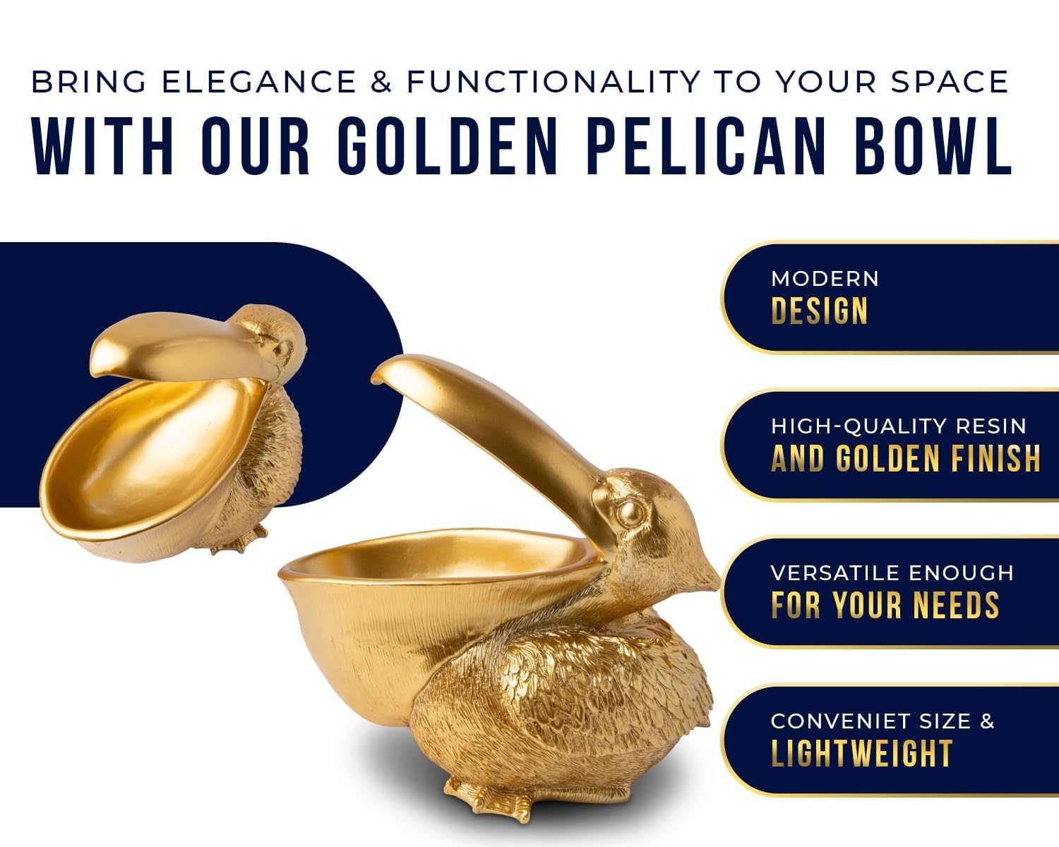 Golden Pelican Decorative Bowl - Elegant Pelican Sculpture with Open Bowl Design for Snacks, Candies, Jewelry & Home Decor - Premium Golden Finish Accent Piece - Perfect for Living Room, Dining Table & Gift Giving