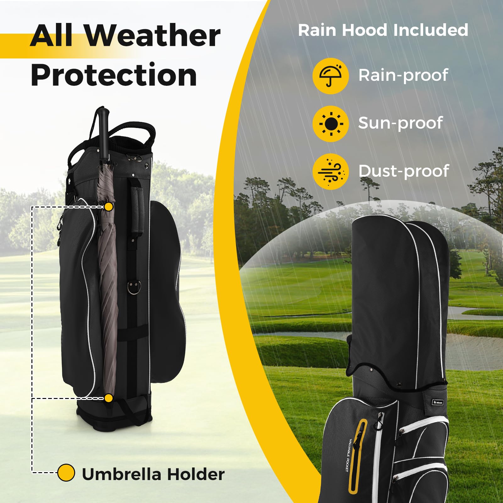 ULTIMATE Golf Cart Bag with 15-Way Top Dividers - Lightweight Portable Golf Club Organizer with Individual Putter Holder, 7 Storage Pockets, Built-in Cooler Bag, Rain Hood, Umbrella Holder & Comfortable Shoulder Strap - Perfect for Golf Tournaments, Driving Range Practice & Weekend Golf Outings
