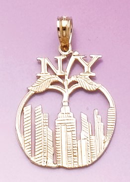 14K Yellow Gold New York Skyline Apple Engraved Charm Pendant - Perfect for Gifts, Travel Souvenirs & Jewelry Collections