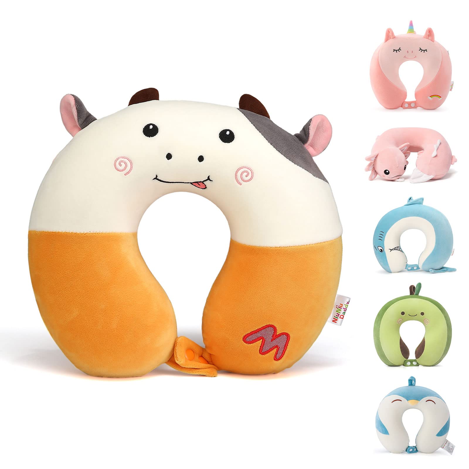 Niuniu Daddy Kids Travel Neck Pillow - Memory Foam Neck & Chin Support for Airplane, Car & Road Trips - Cute Cow Design - Perfect for Boys & Girls Travel Accessories - Ideal for Long Flights, Road Trips & Nap Time