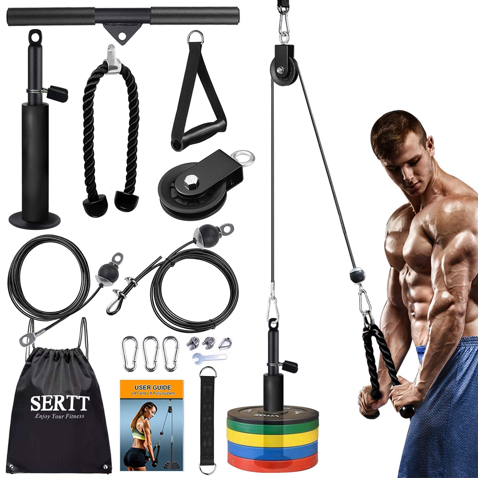 Upgraded SERTT LAT and Lift Pulley System Gym - DIY Fitness Cable Machine Attachment for Triceps Pull Downs, Biceps Curl, Forearm & Shoulder Workouts - Home Gym Exercise Equipment for Strength Training & Muscle Building