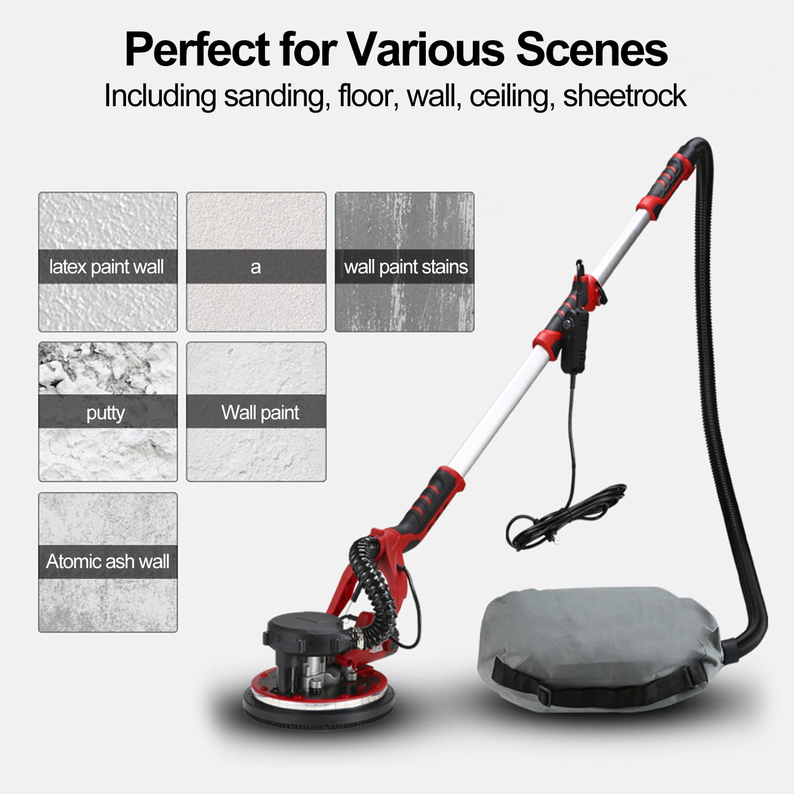 HYCHIKA 1250W Electric Drywall Sander with Vacuum System, Dual LED Lights & Extendable Handle - Includes 6 Sanding Discs & Dust Collection Bag - Perfect for Home Renovation, Wall Smoothing & Professional Drywall Finishing
