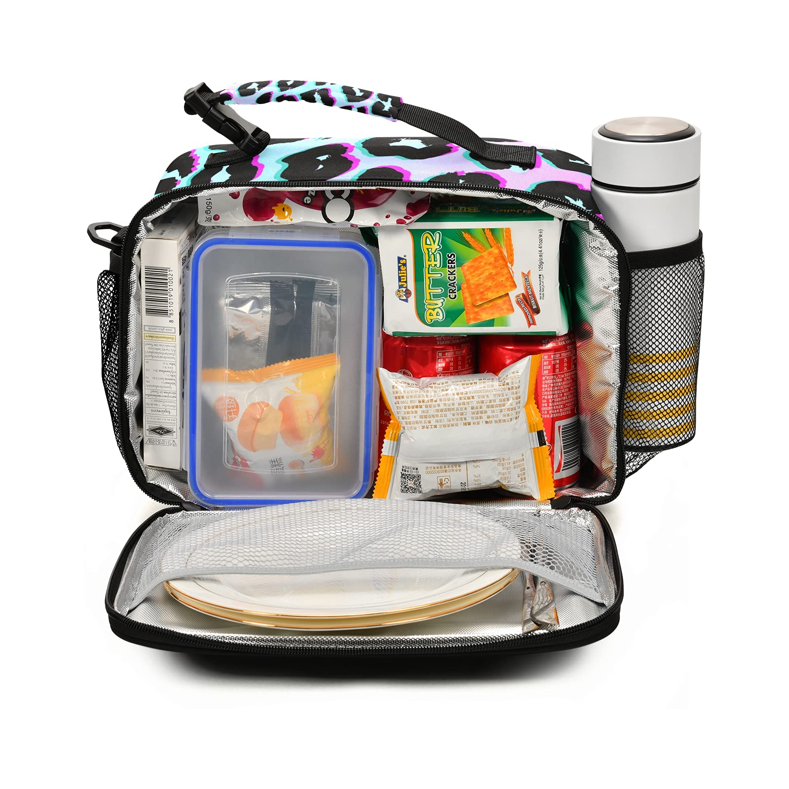 Insulated Lunch Bags for Kids - Leopard & Rainbow Print Thermal Cooler Box with Shoulder Strap - Water-Resistant School Lunch Box for Boys & Girls - Perfect for School, Picnics & Outdoor Activities