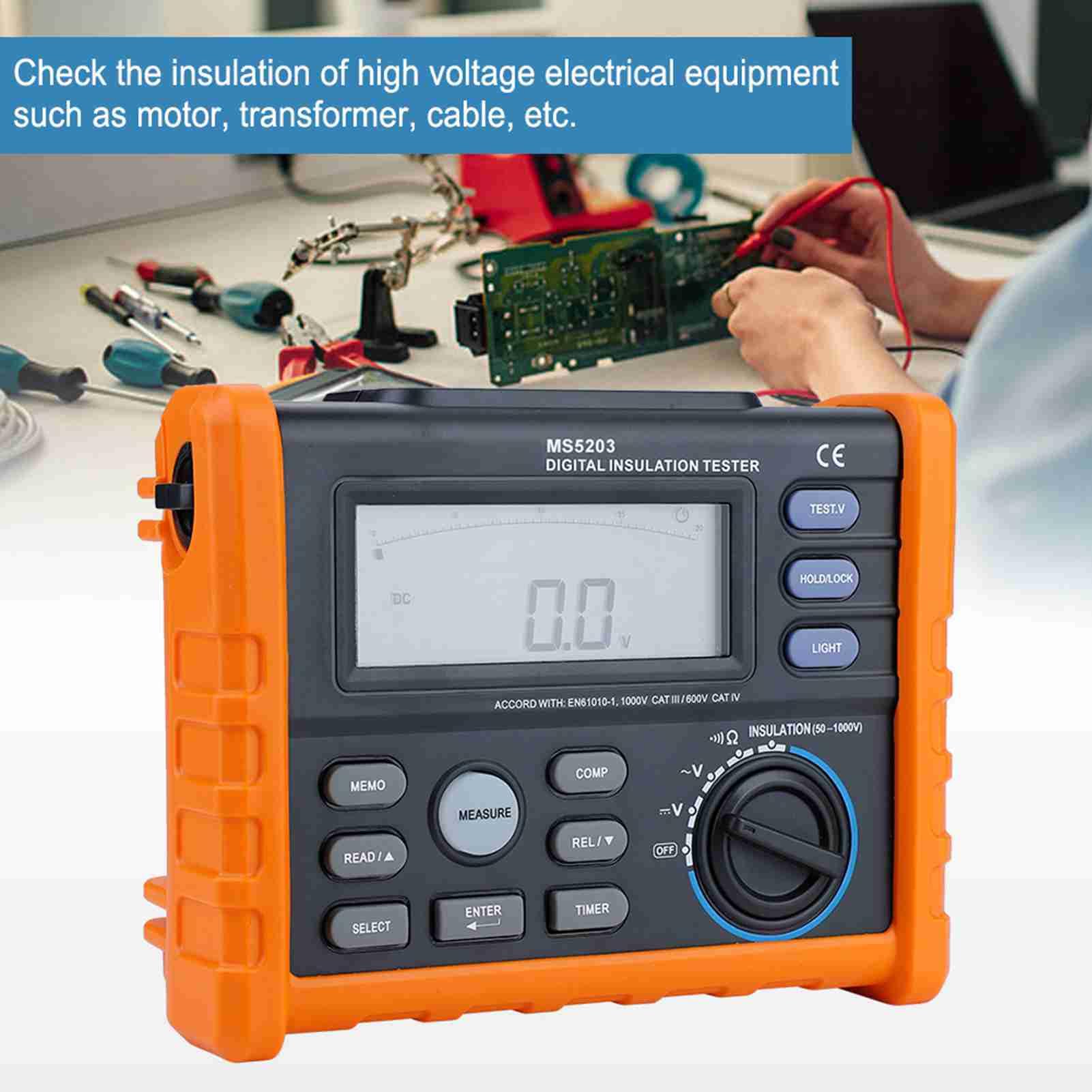 PEAKMETER MS5203 Digital Insulation Tester 50-1000V with Auto PI/DAR Calculation, Backlight Display, AC/DC Voltage & Continuity Testing - Perfect for Electricians, HVAC Technicians & Industrial Maintenance