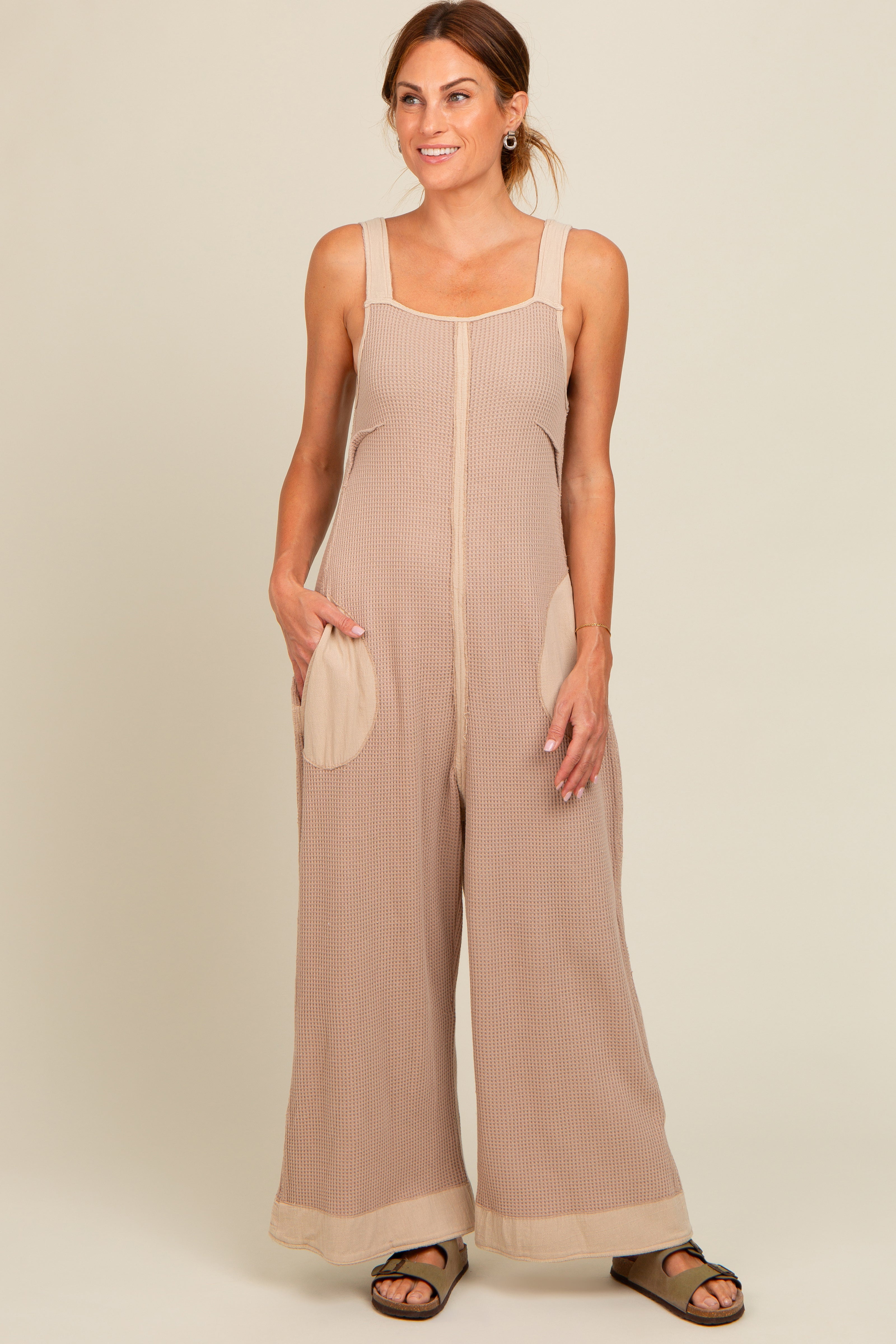 Beige Waffle Knit Wide Leg Maternity Jumpsuit for Pregnant Women - Soft Stretchy Comfortable Nursing Romper - Perfect for Pregnancy, Nursing & Casual Wear