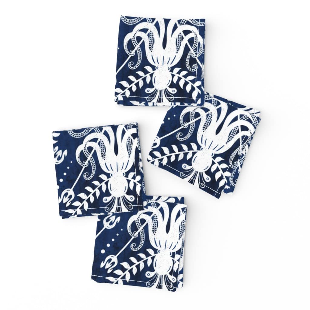 Premium Linen Cotton Canvas Cocktail Napkins Set of 4 - Nautical Blue Octopus Damask Print, Greek Ocean Sea Monster Art Design | Perfect for Summer Parties, Beach Weddings & Coastal Home Decor