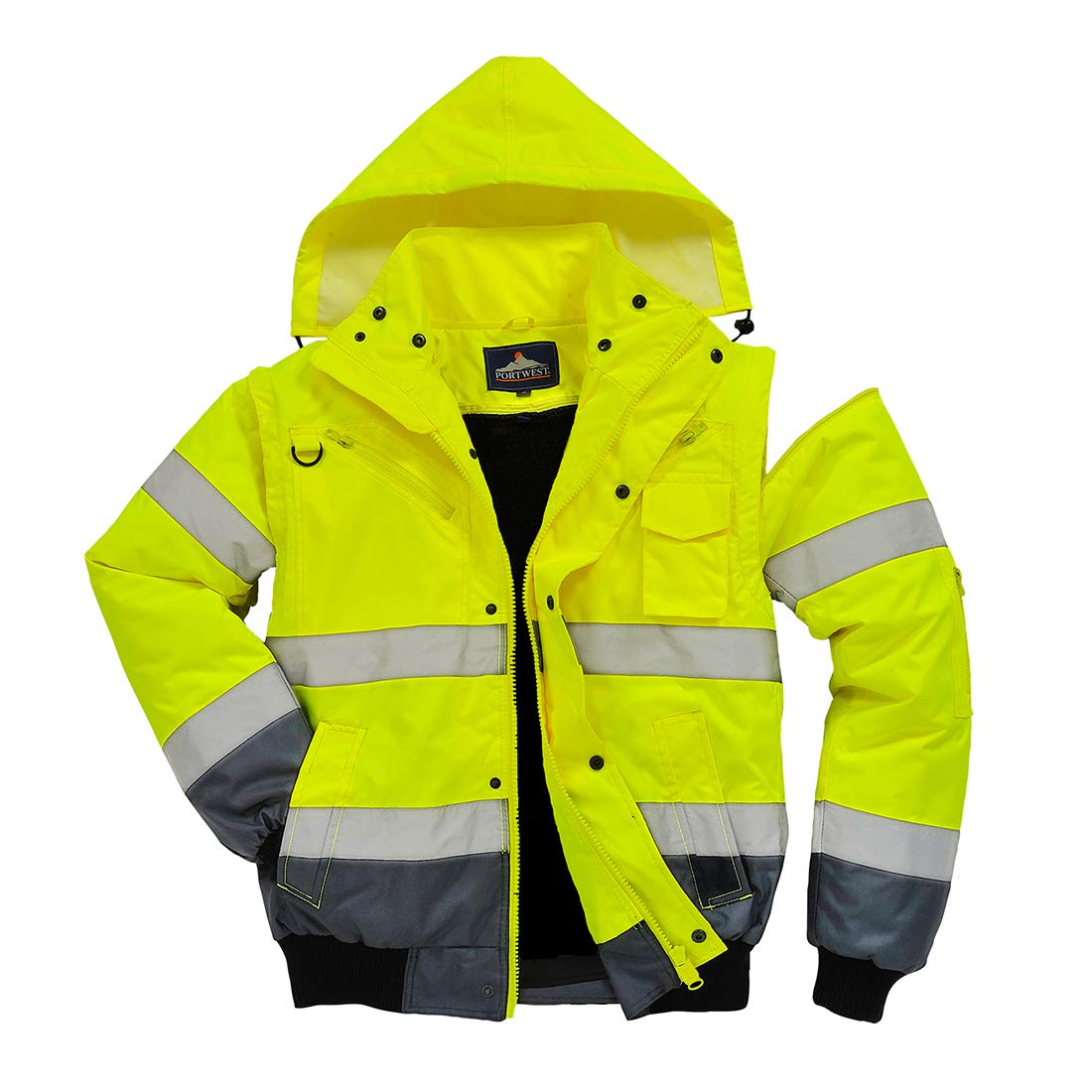 Portwest 3-in-1 ANSI Class 3 Safety Bomber Jacket - High Visibility Waterproof Insulated Work Jacket for Men (Yellow/Navy, XXL) | Ideal for Construction, Roadwork & Outdoor Winter Jobs