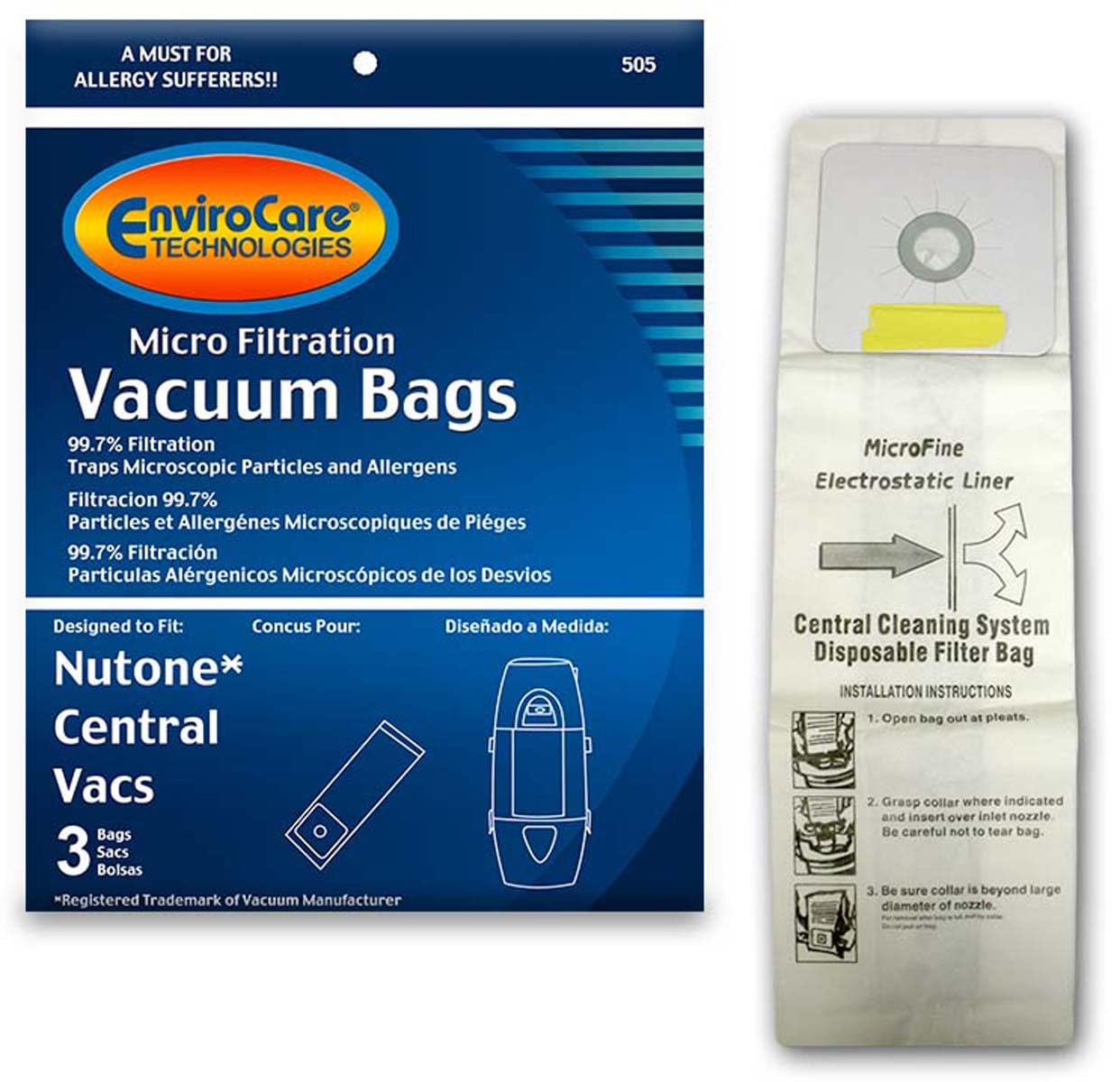 EnviroCare 3-Pack Nutone Microfiltration Central Vacuum Cleaner Bags - Premium HEPA Filtration for Dust, Allergens & Pet Hair - Ideal for Homes with Pets, Allergies & Asthma Sufferers