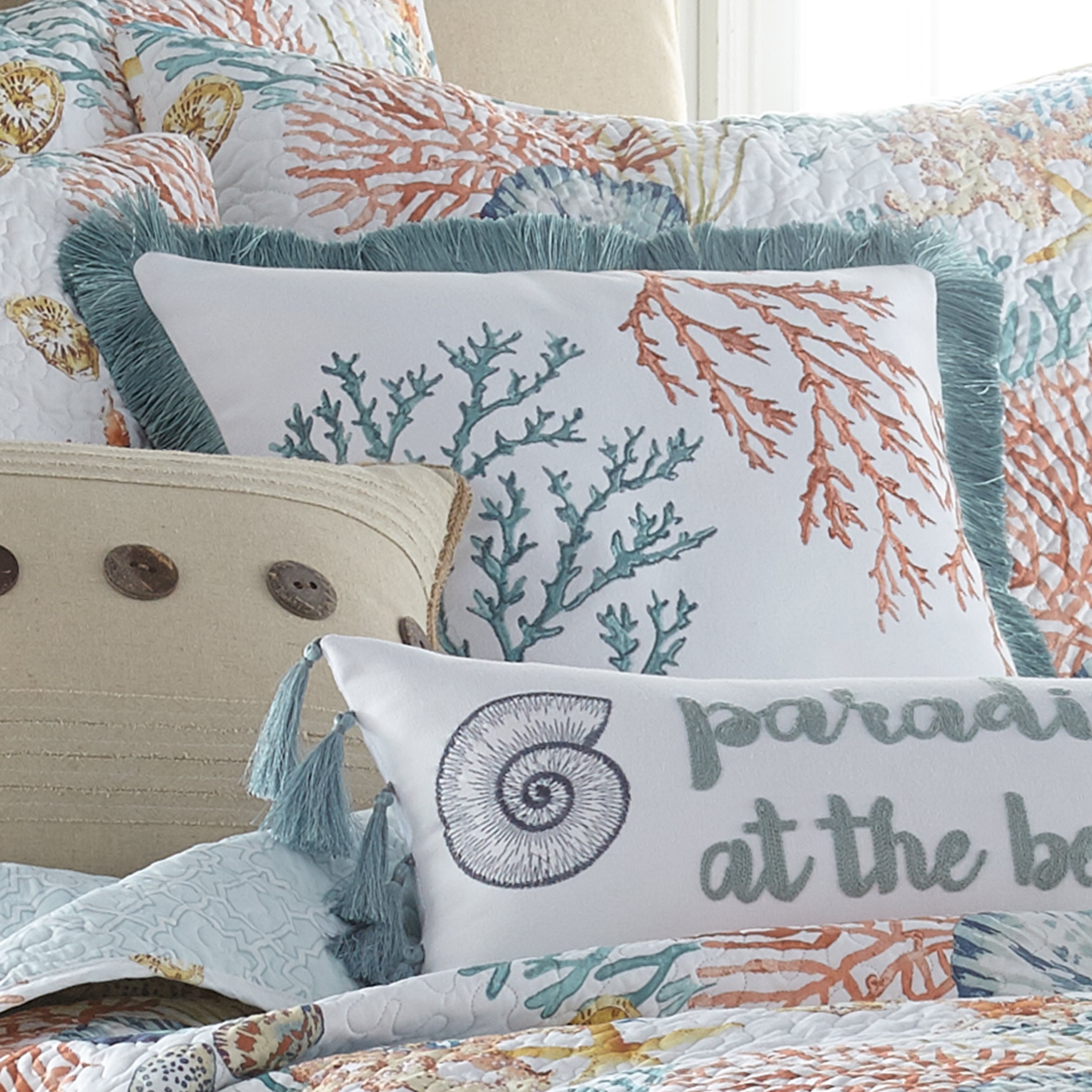 Bay Islands Coral Fringe Pillow - Bohemian Decorative Throw Pillow Cover for Sofa, Bed & Couch - Coastal Home Decor Accent for Living Room, Bedroom & Beach House