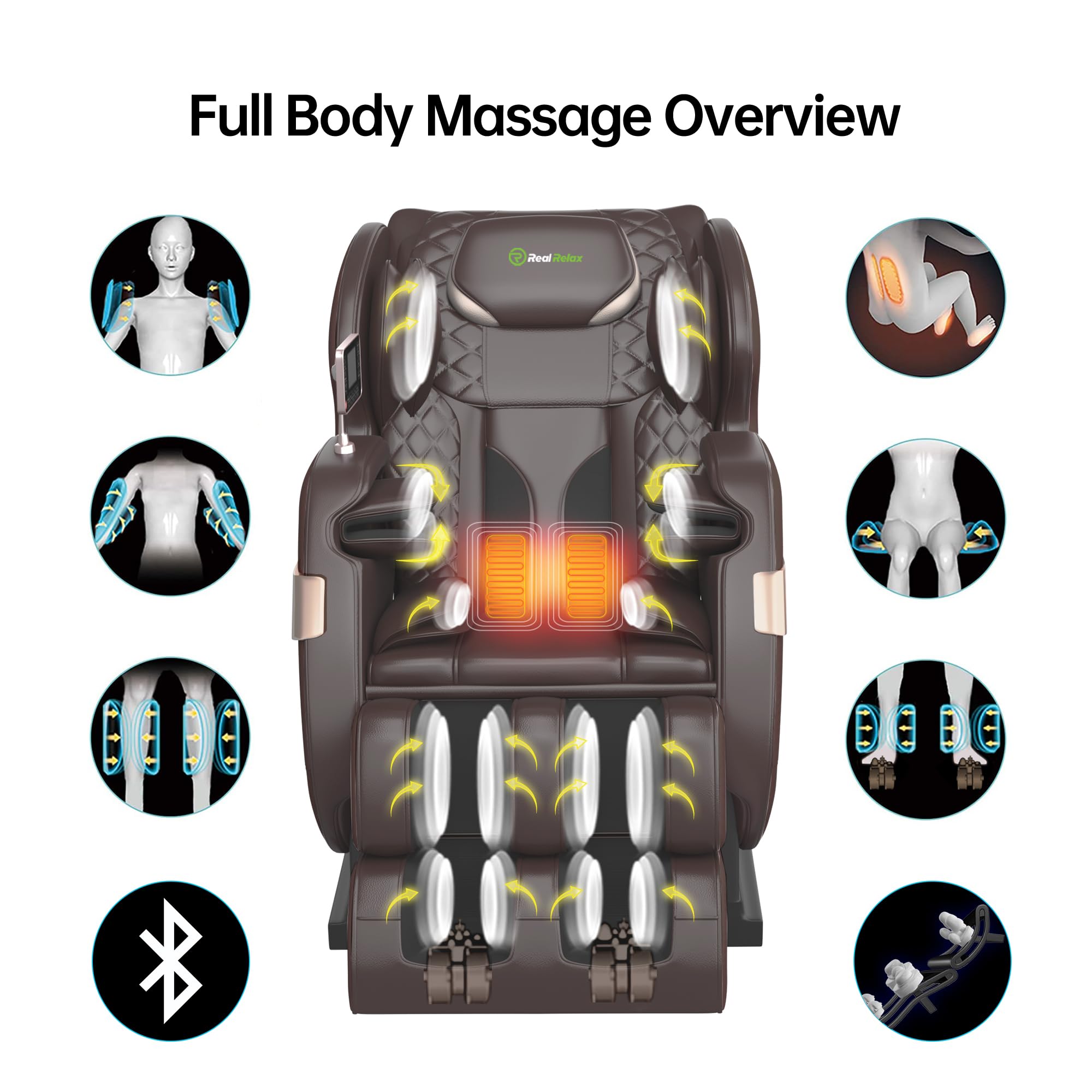 Real Relax 2023 Full Body Dual Core Zero Gravity Massage Chair with Heat Therapy - Brown Leather Recliner for Home & Office Relaxation - Perfect for Stress Relief, Back Pain & Muscle Recovery