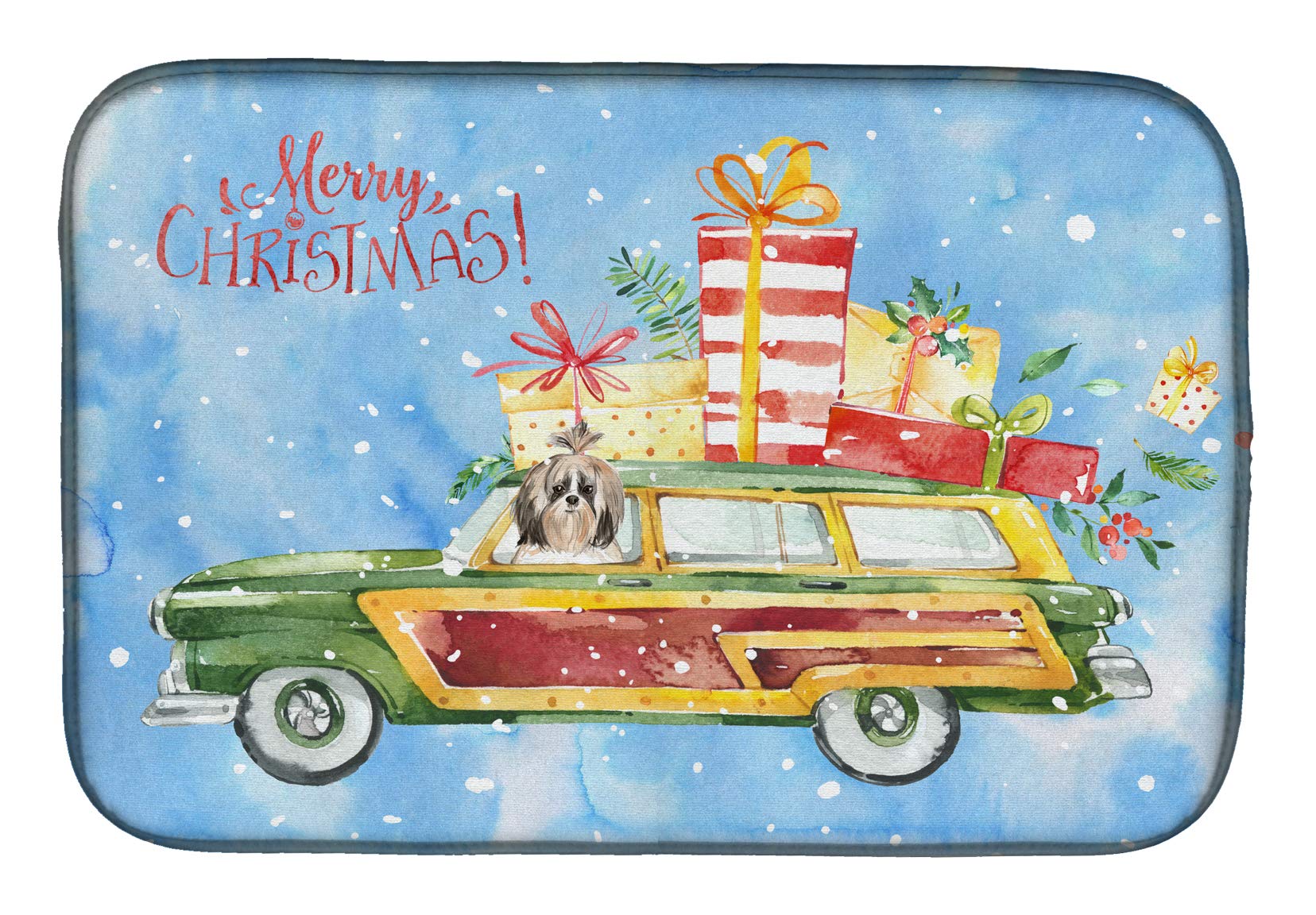 Shih Tzu Christmas Dish Drying Mat - Absorbent Kitchen Counter Pad, 14x21