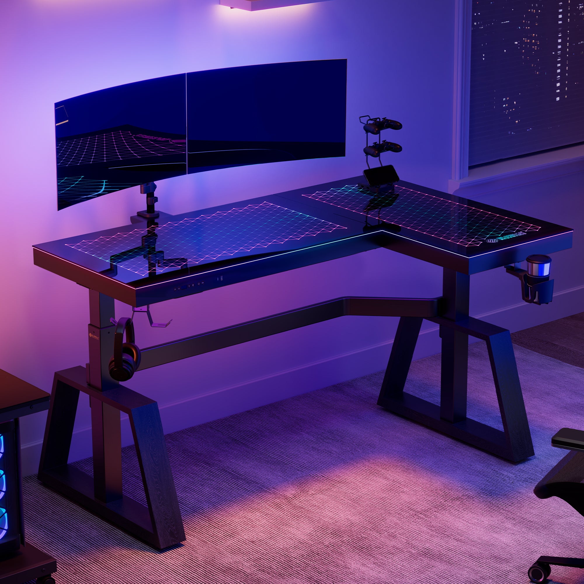 GTG L60 Pro L-Shaped Glass Gaming Standing Desk - 60x23 Inches, Ergonomic Height Adjustable Workstation for Home Office, Streaming & PC Gaming Setup