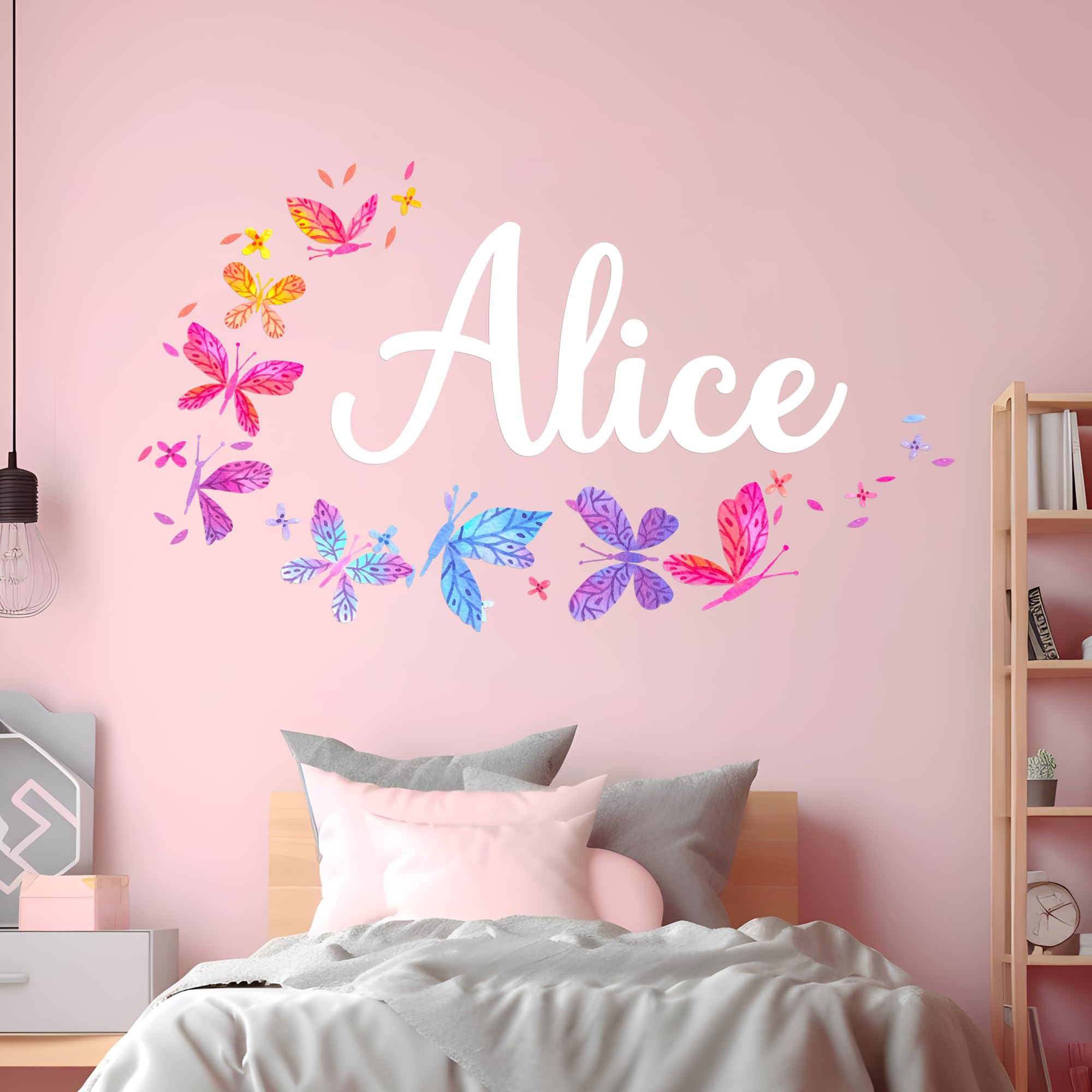 Personalized Name Butterfly Wall Decals for Girls Bedroom - Pink Butterfly Room Decor with Rainbow Wall Stickers - Multiple Size Options - Perfect for Nursery, Kids Room & Birthday Party Decorations